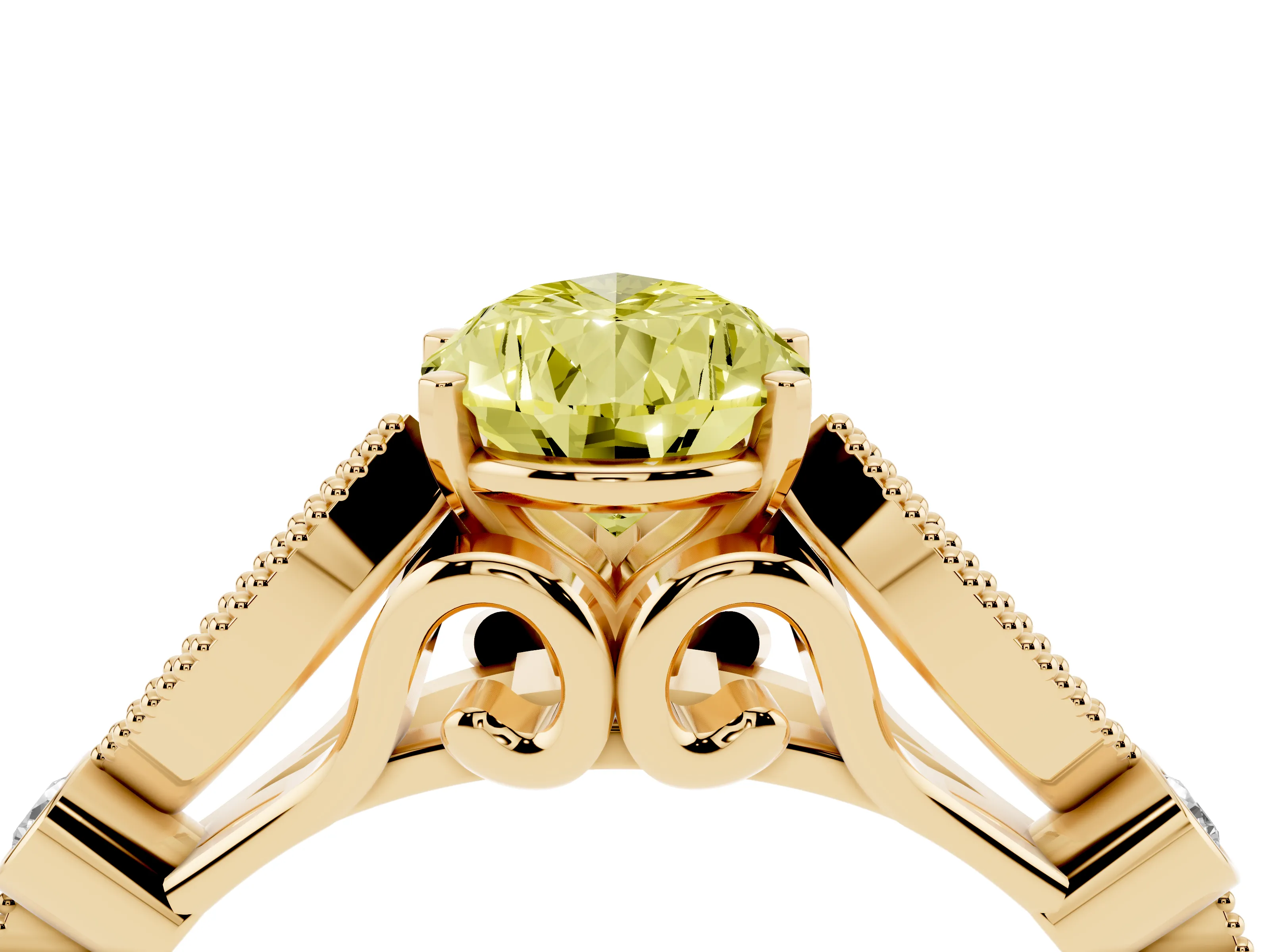 Fancy Yellow Pear Cut Diamond Solitaire Ring Set in Yellow gold with Milgrain Marquise and Bezel Accents