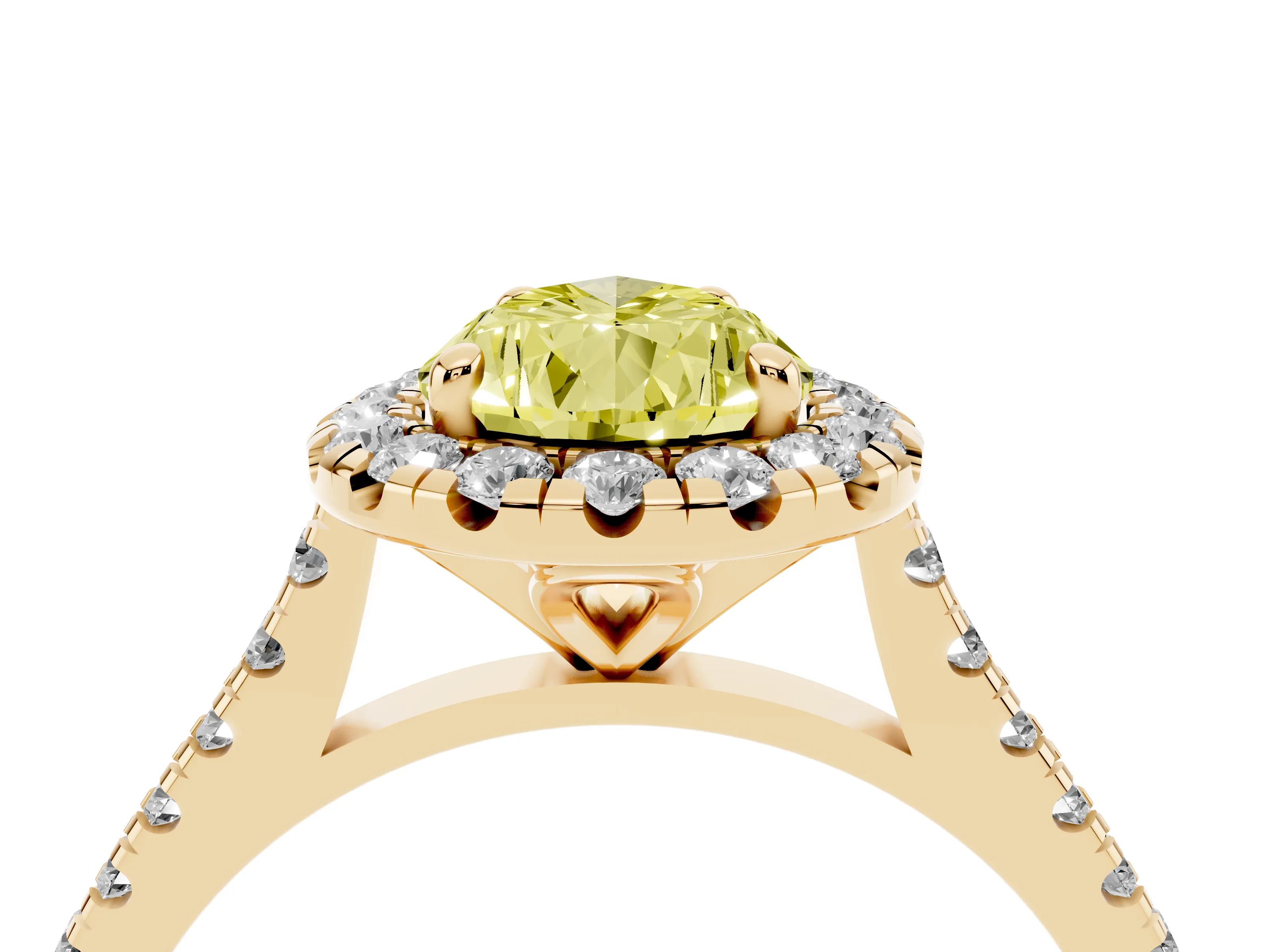 Fancy Yellow Pear Cut Diamond Cushion Halo Ring Set in Yellow gold with Pavé Band