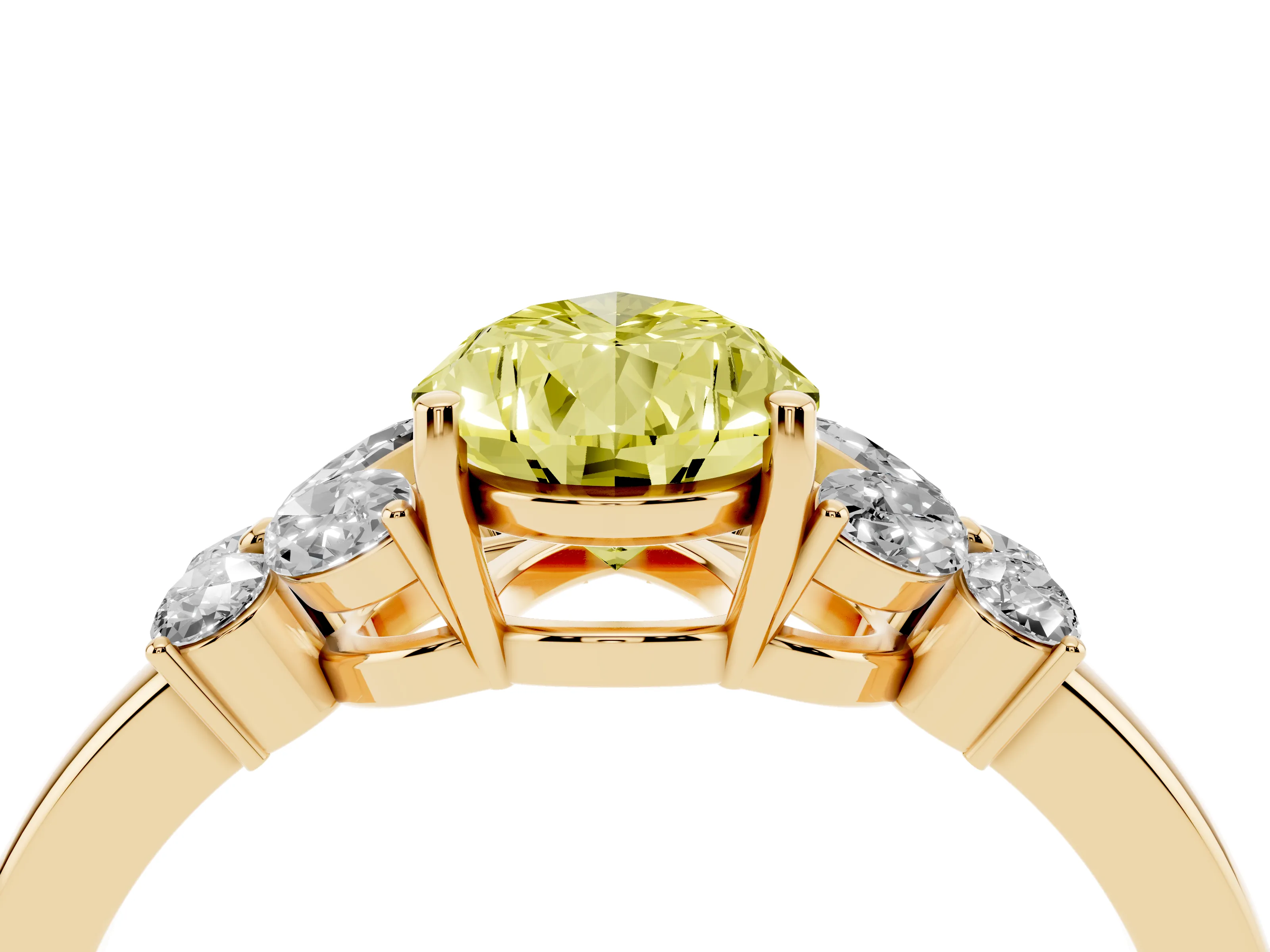 Fancy Yellow Pear Cut Diamond Solitaire Floral Ring Set in Yellow gold with Marquise Petals and Prong Setting