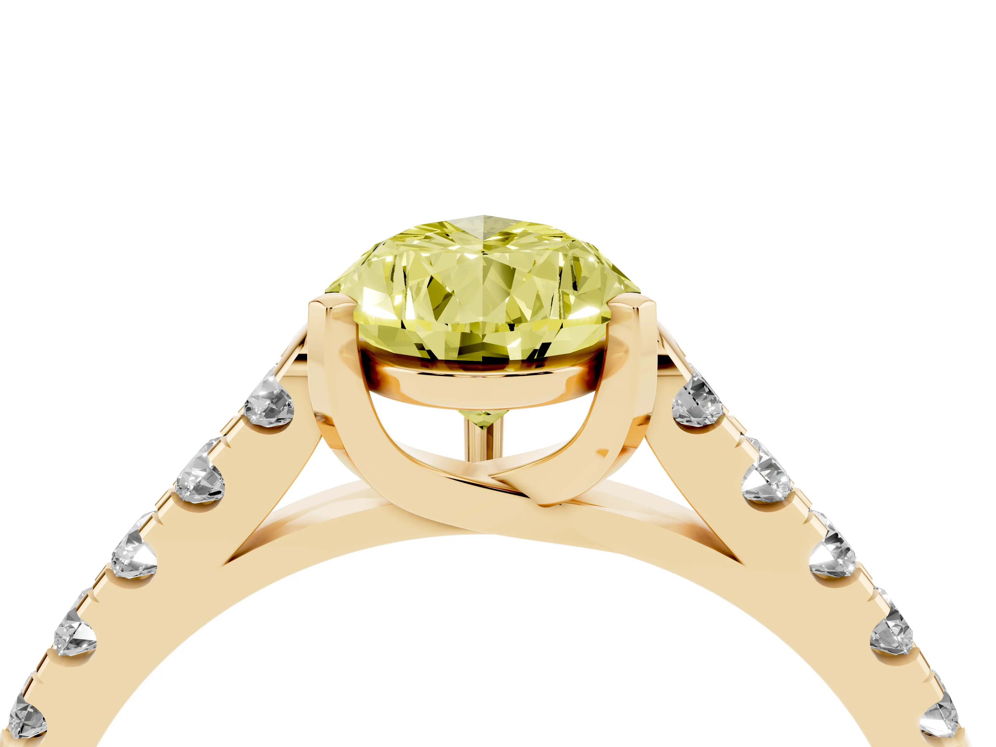 Fancy Yellow Pear Cut Diamond Pavé Band Solitaire Ring Set in Yellow gold with Partway Accent Stones and Prong Setting