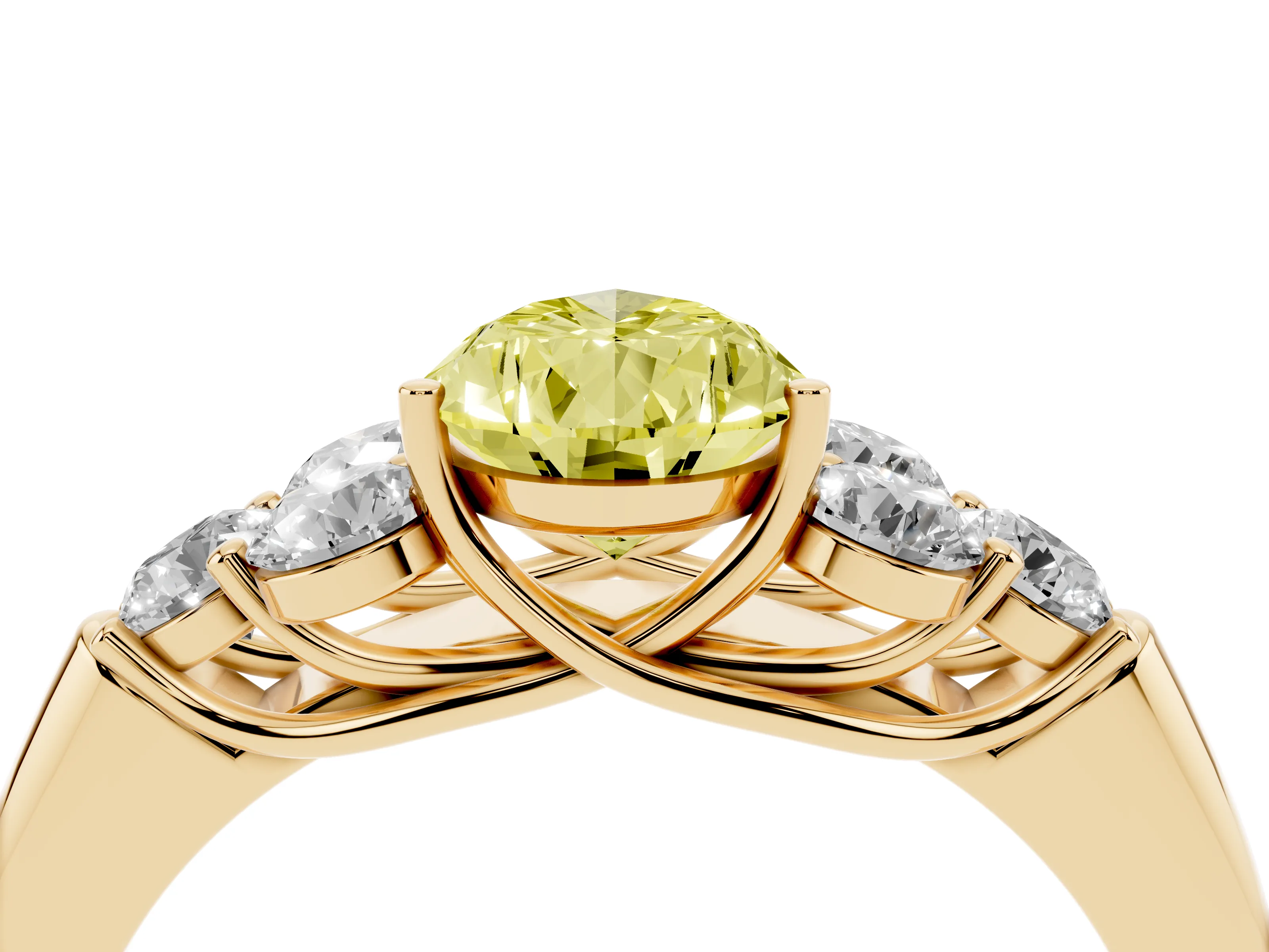 Fancy Yellow Pear Cut Diamond Cluster Ring Set in Yellow gold with Round Accent Stones and Prong Setting on a Plain Band