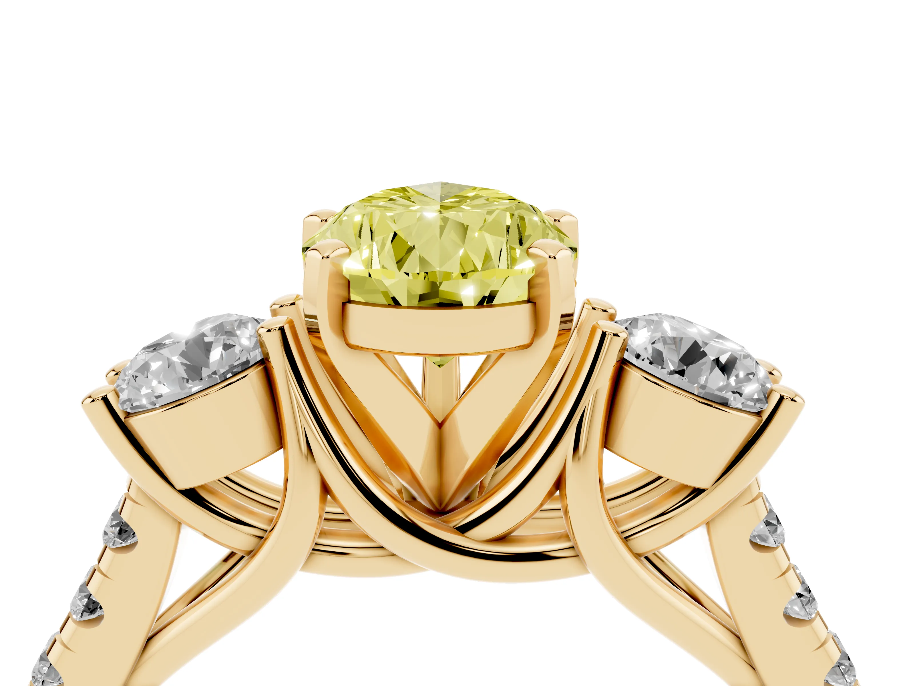 Fancy Yellow Three-Stone Pear Cut Diamond Pavé Band Ring Set in Yellow gold with Prong-Set Trio