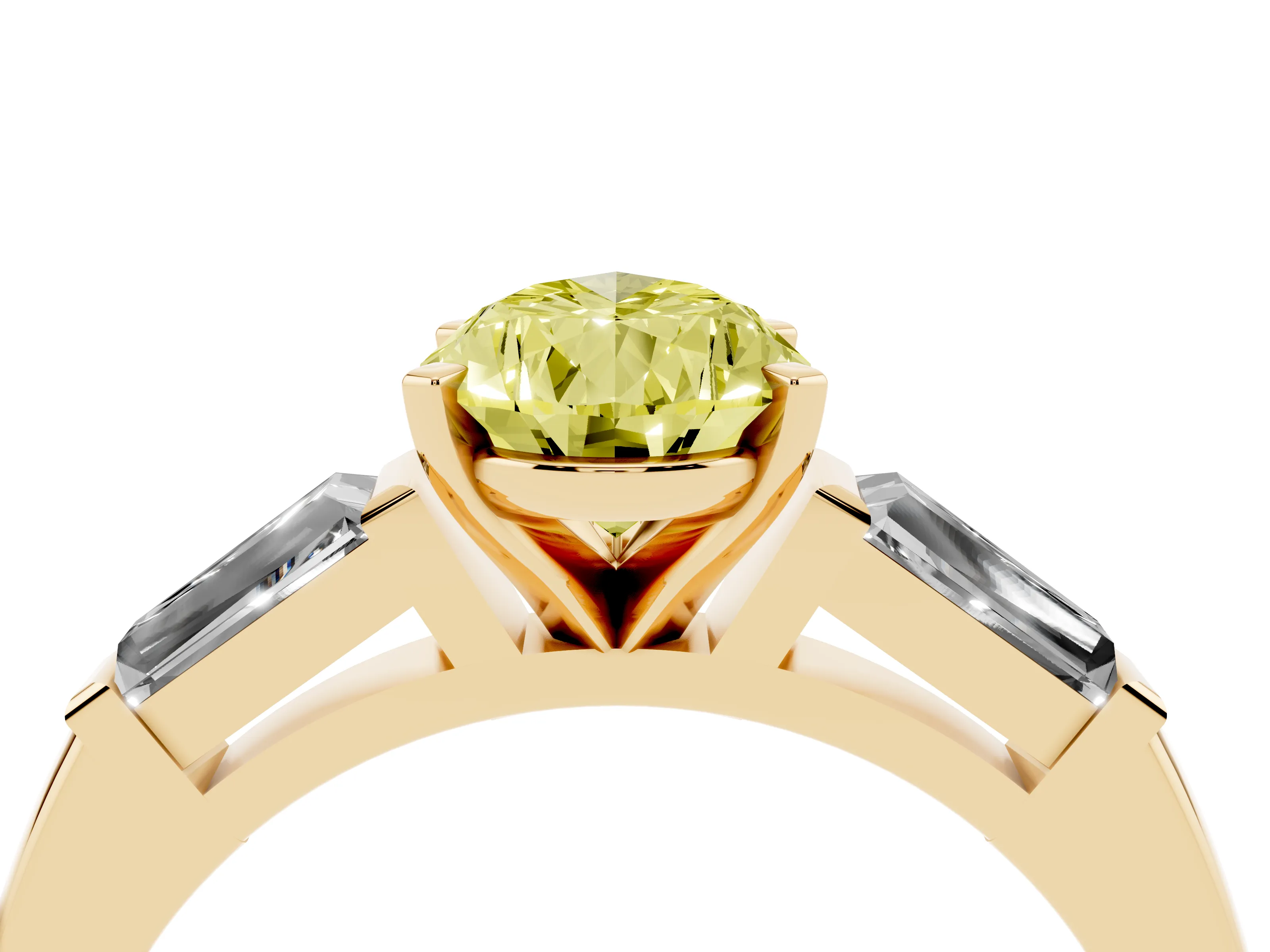 Fancy Yellow Pear Cut Diamond Solitaire Ring Set in Yellow gold with Tapered Baguette Side Stones and Prong Setting