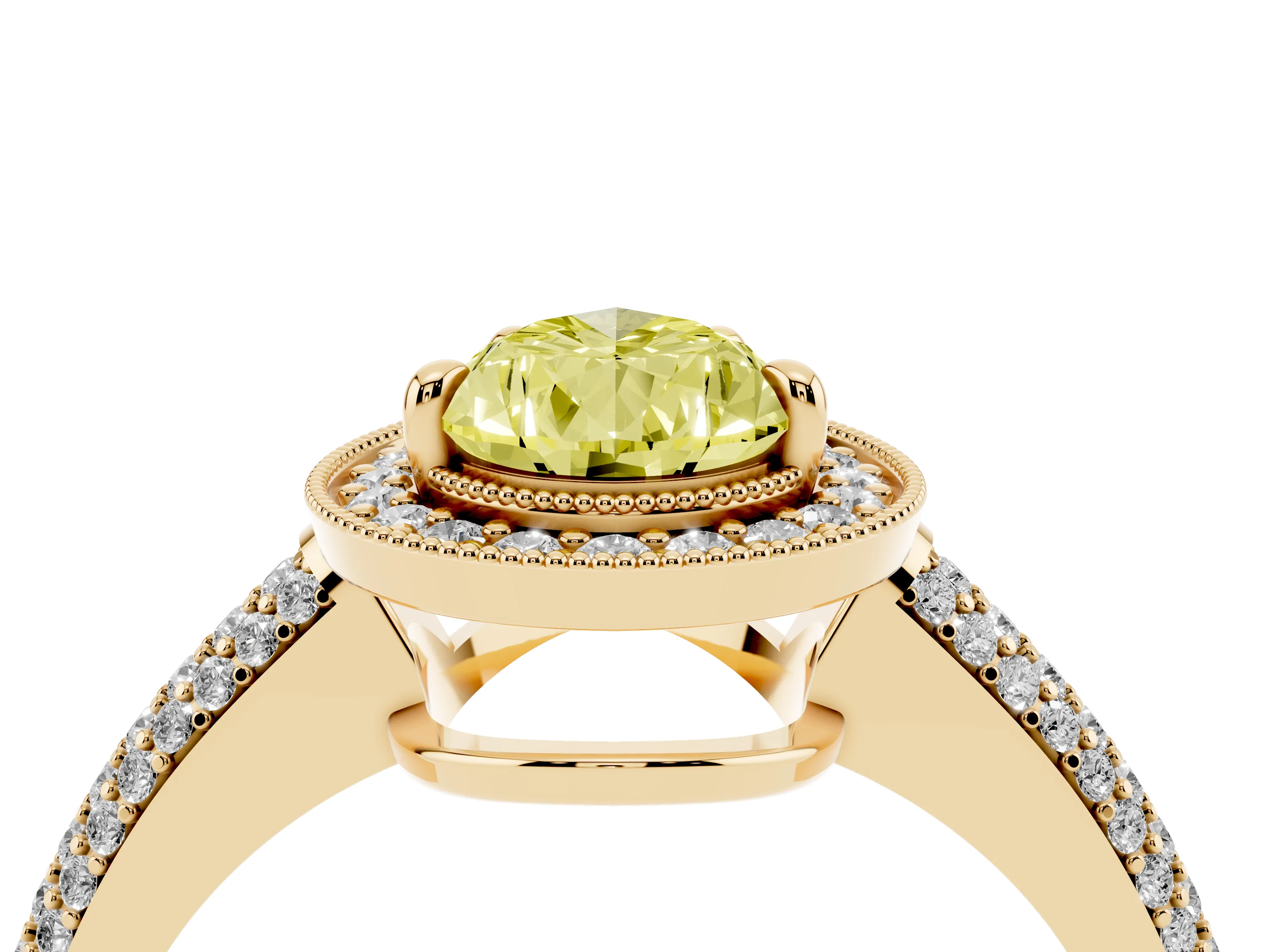 Fancy Yellow Pear Cut Diamond Halo Pavé Band Set in Yellow gold with Prong Setting