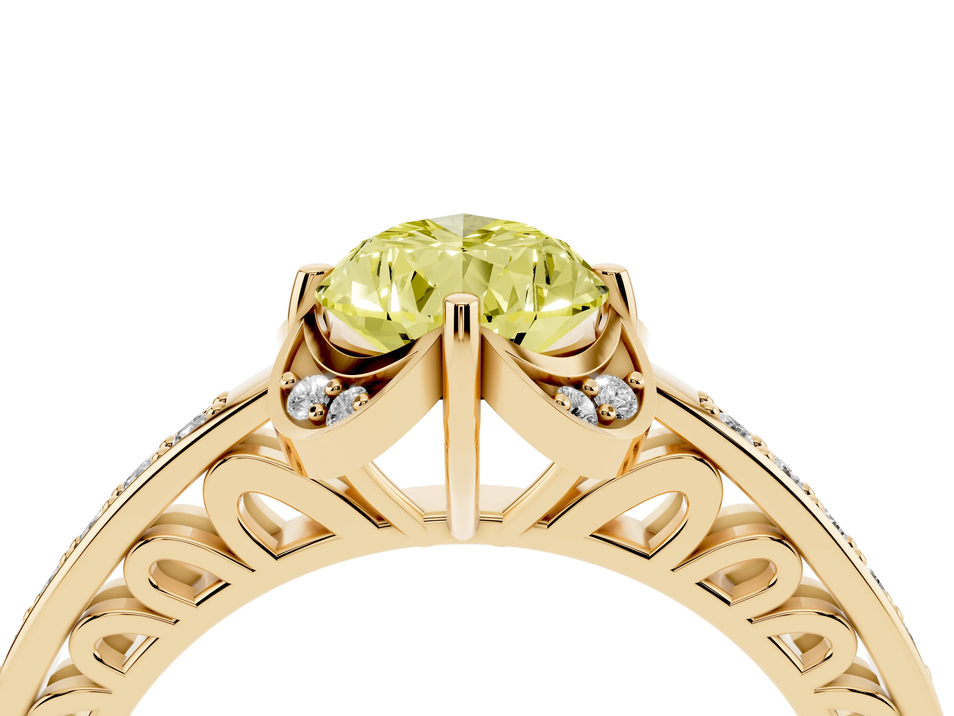 Fancy Yellow Pear Cut Diamond Halo Ring Set in Yellow gold with Channel Set Band and Prong Setting