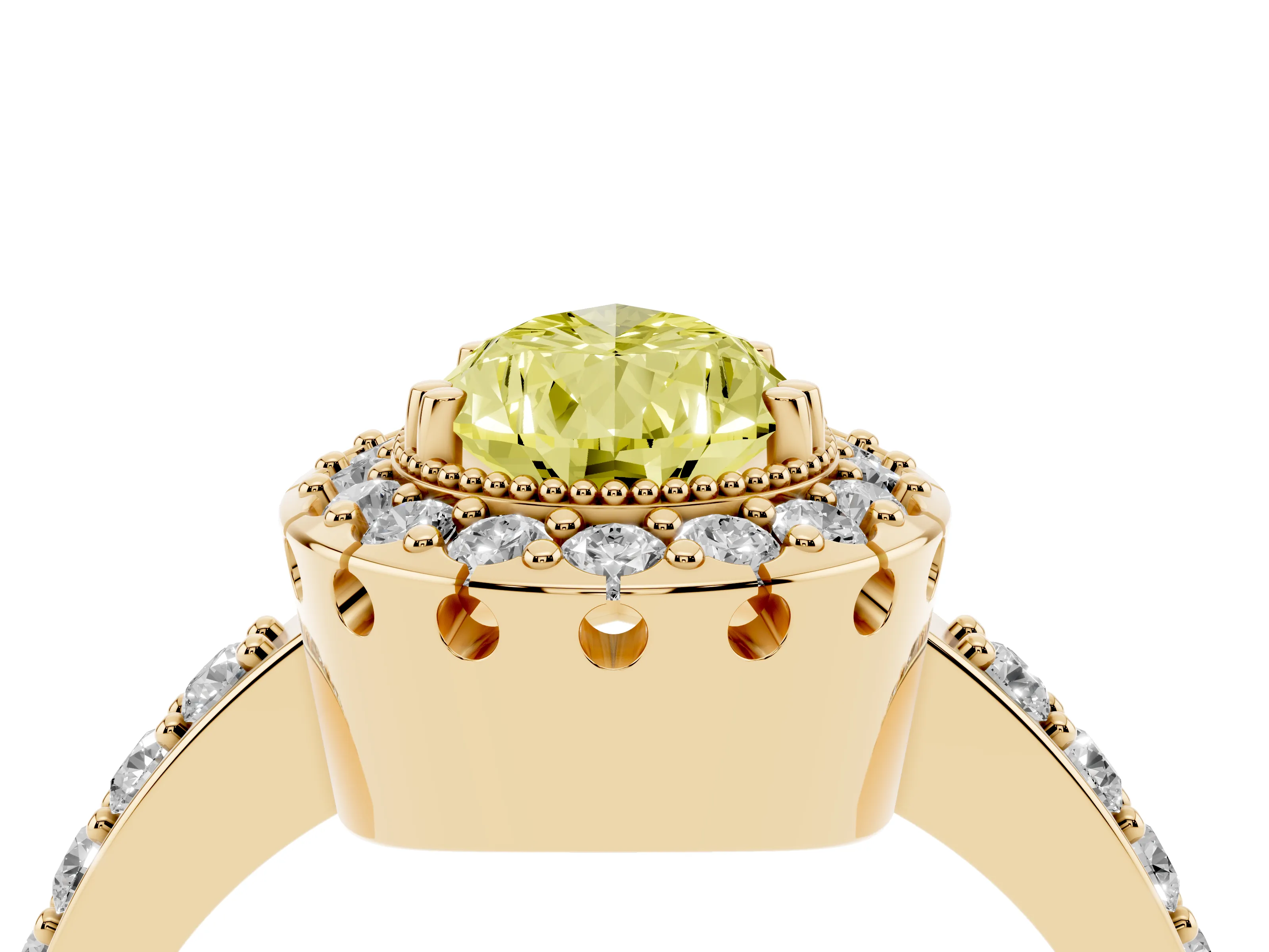 Fancy Yellow Pear Cut Diamond Halo Ring Set in Yellow gold with Pavé Shank and Prong Setting
