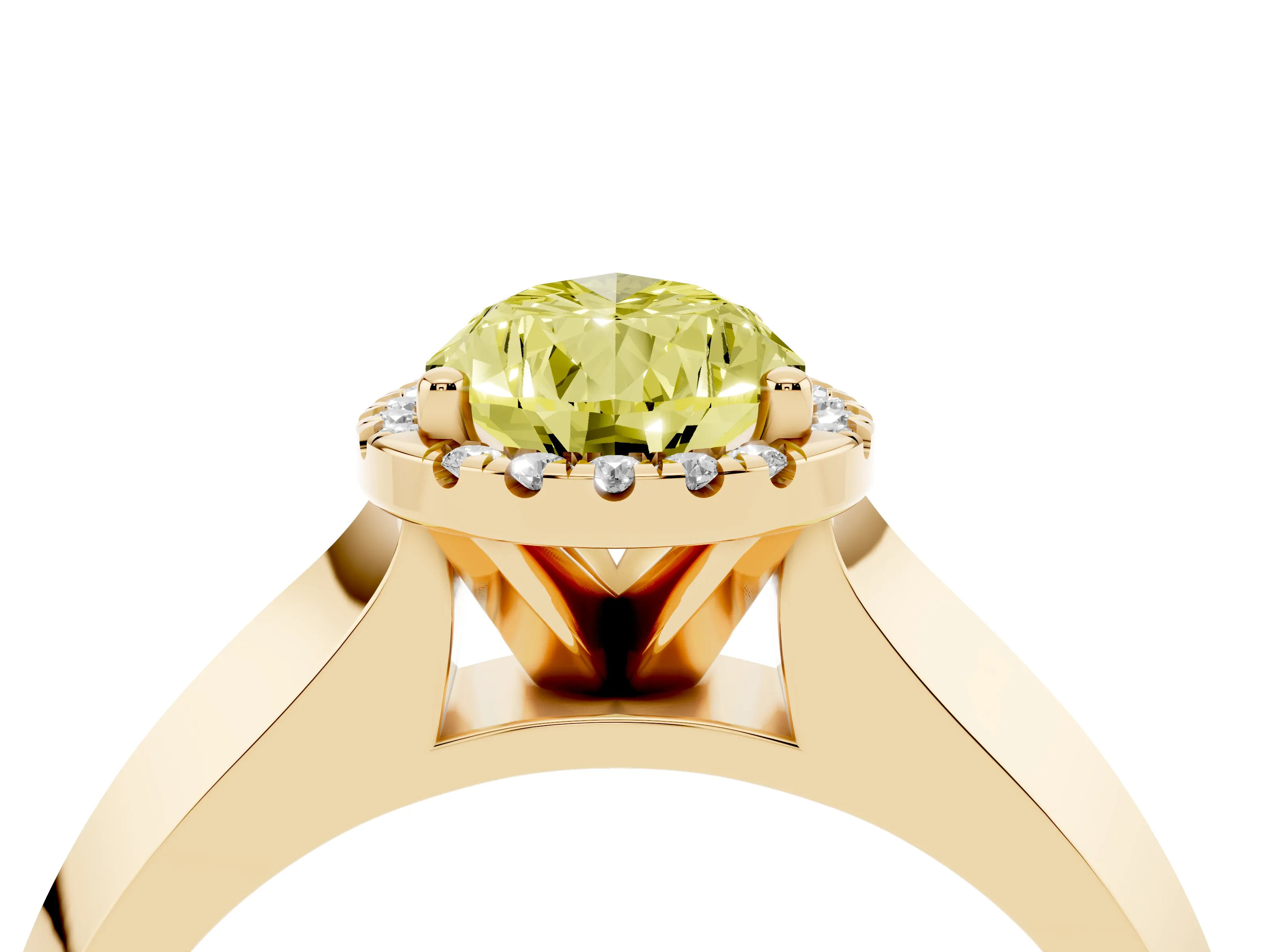 Fancy Yellow Pear Cut Diamond Halo Ring Set in Yellow gold with Cathedral Band and Prong Setting