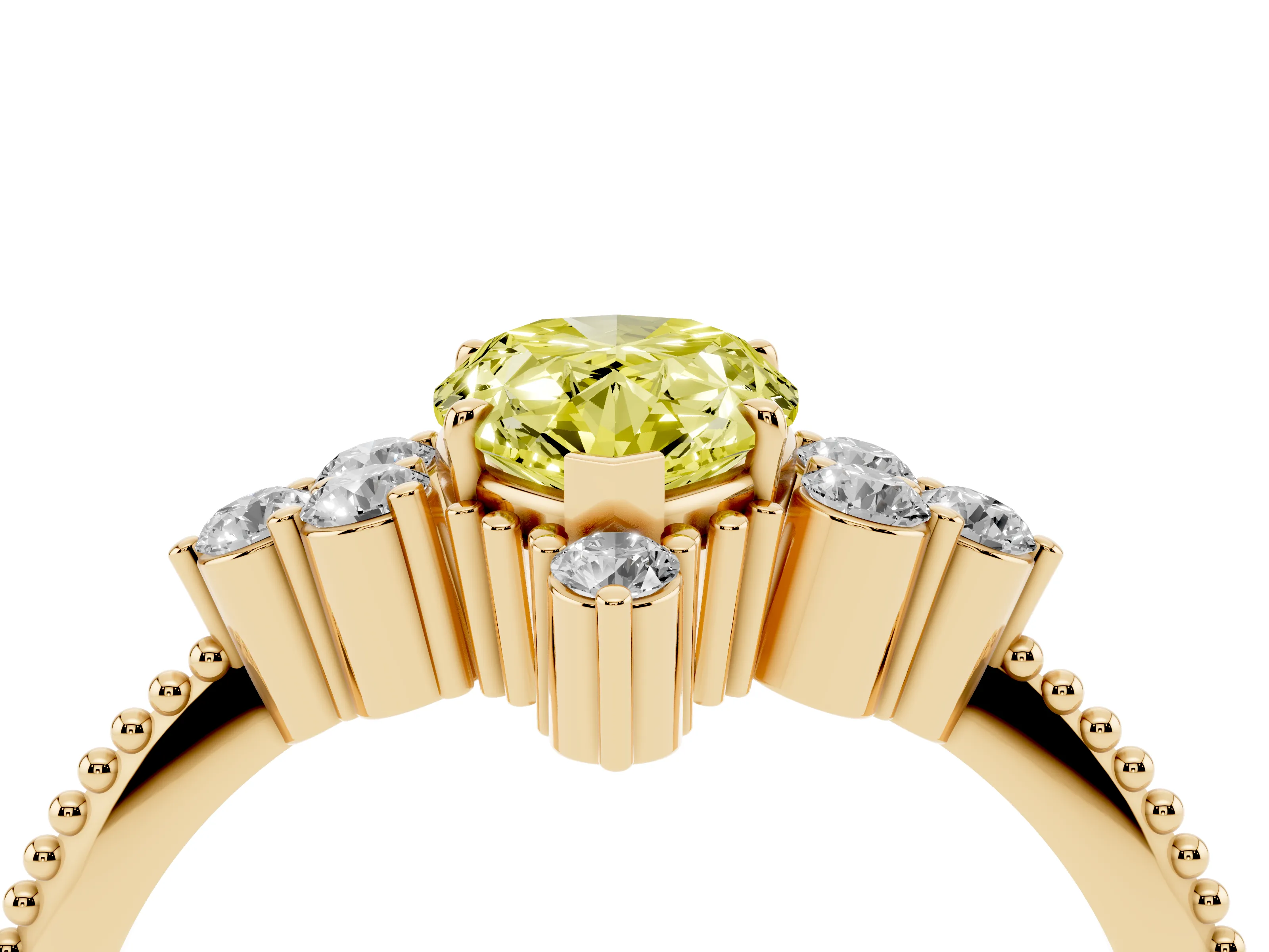 Fancy Yellow Pear Cut Diamond Cluster Ring Set in Yellow gold with Beaded Band
