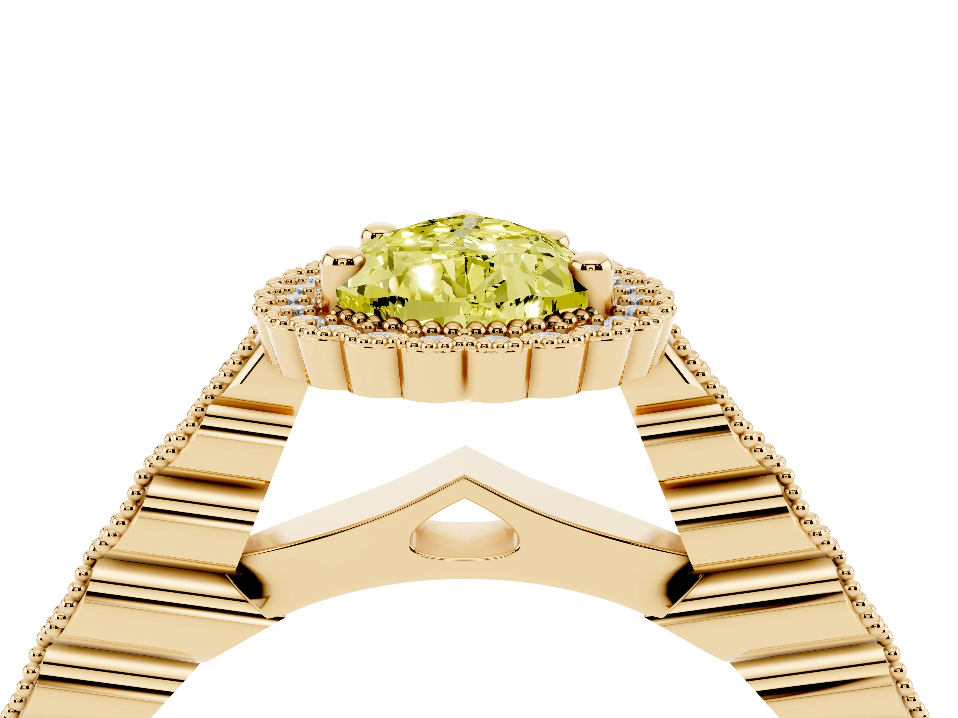 Fancy Yellow Pear Cut Diamond Halo Ring Set in Yellow gold with Pavé Milgrain Band