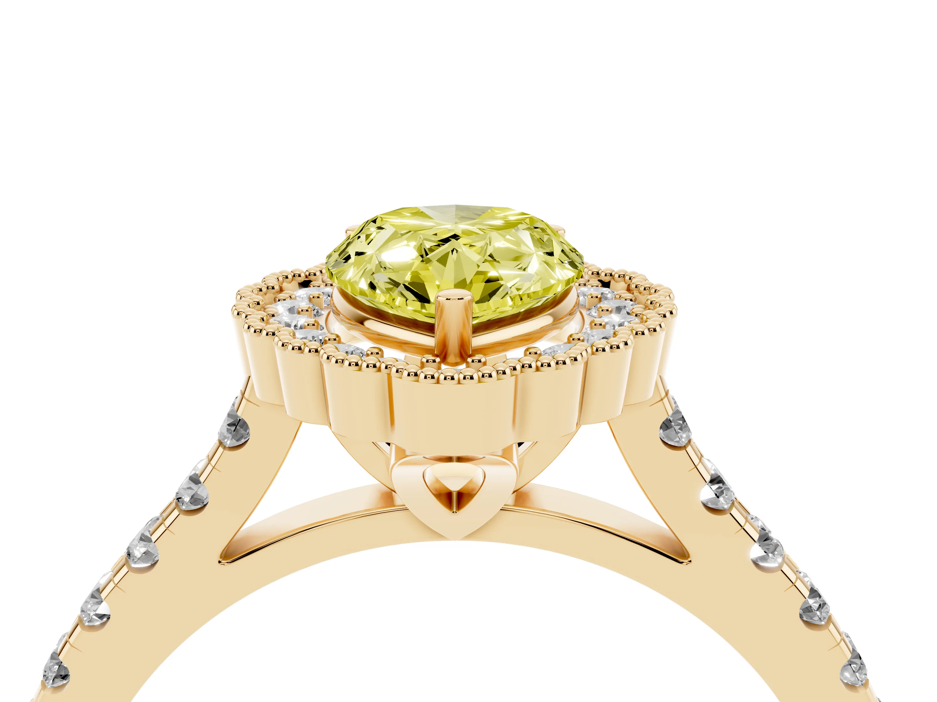 Fancy Yellow Pear Cut Diamond Milgrain Floral Halo Engagement Ring Set in Yellow gold with Pavé Band