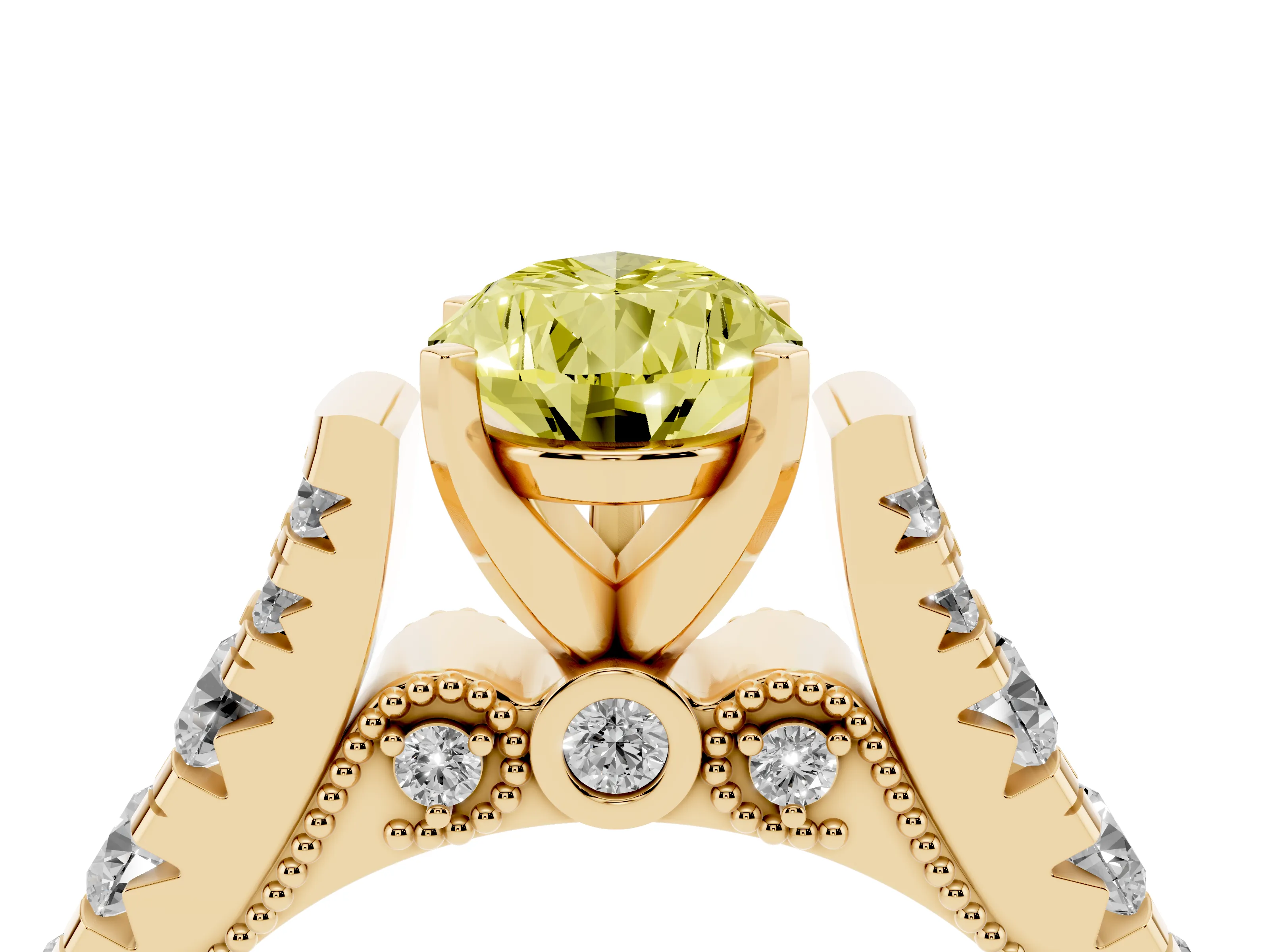 Fancy Yellow Pear Cut Diamond Classic Solitaire Ring Set in Yellow gold with Pavé Band and Prong Setting