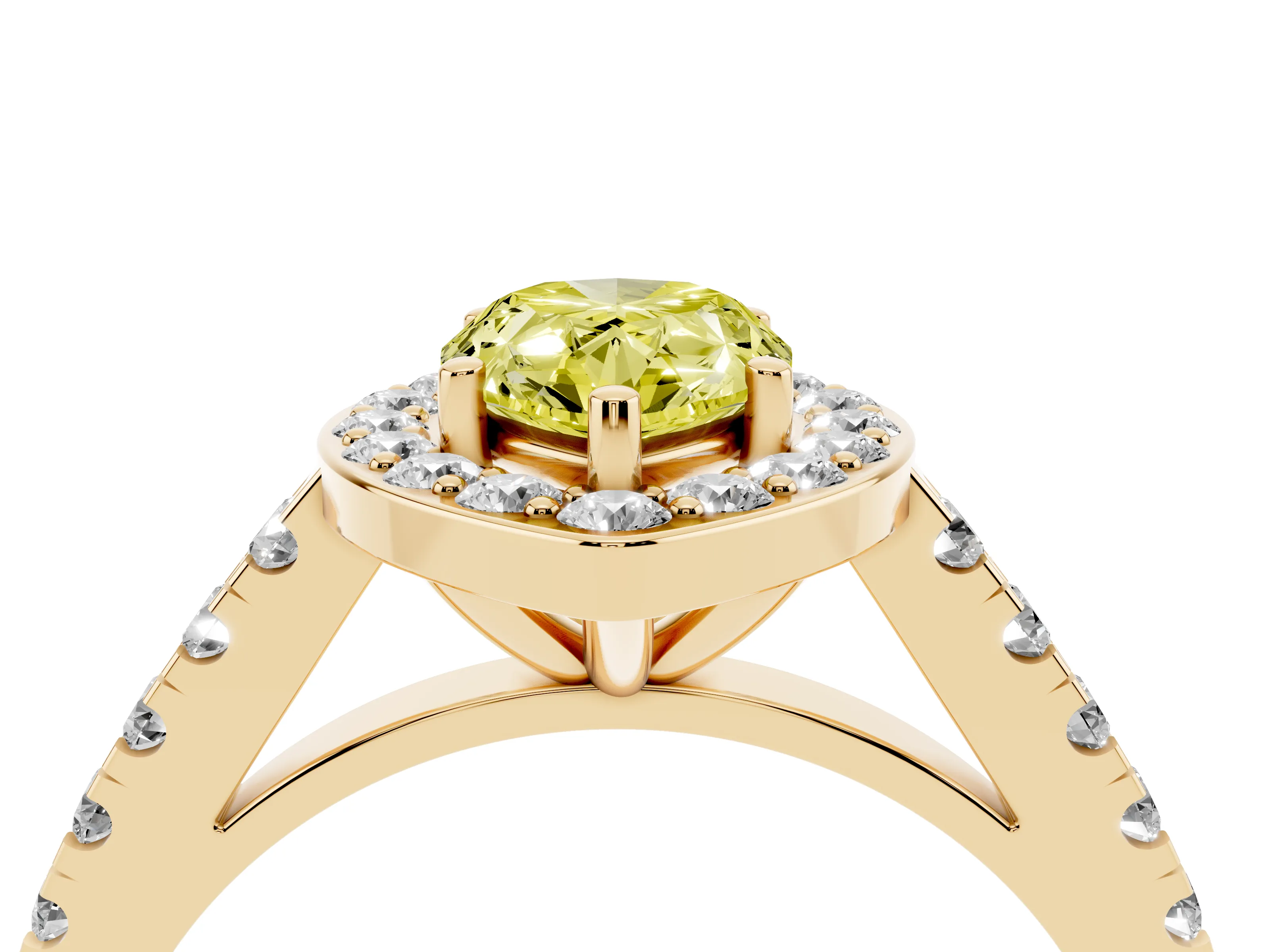 Fancy Yellow Pear Cut Diamond Halo Ring Set in Yellow gold with Round Pavé Split Shank and Prong Setting