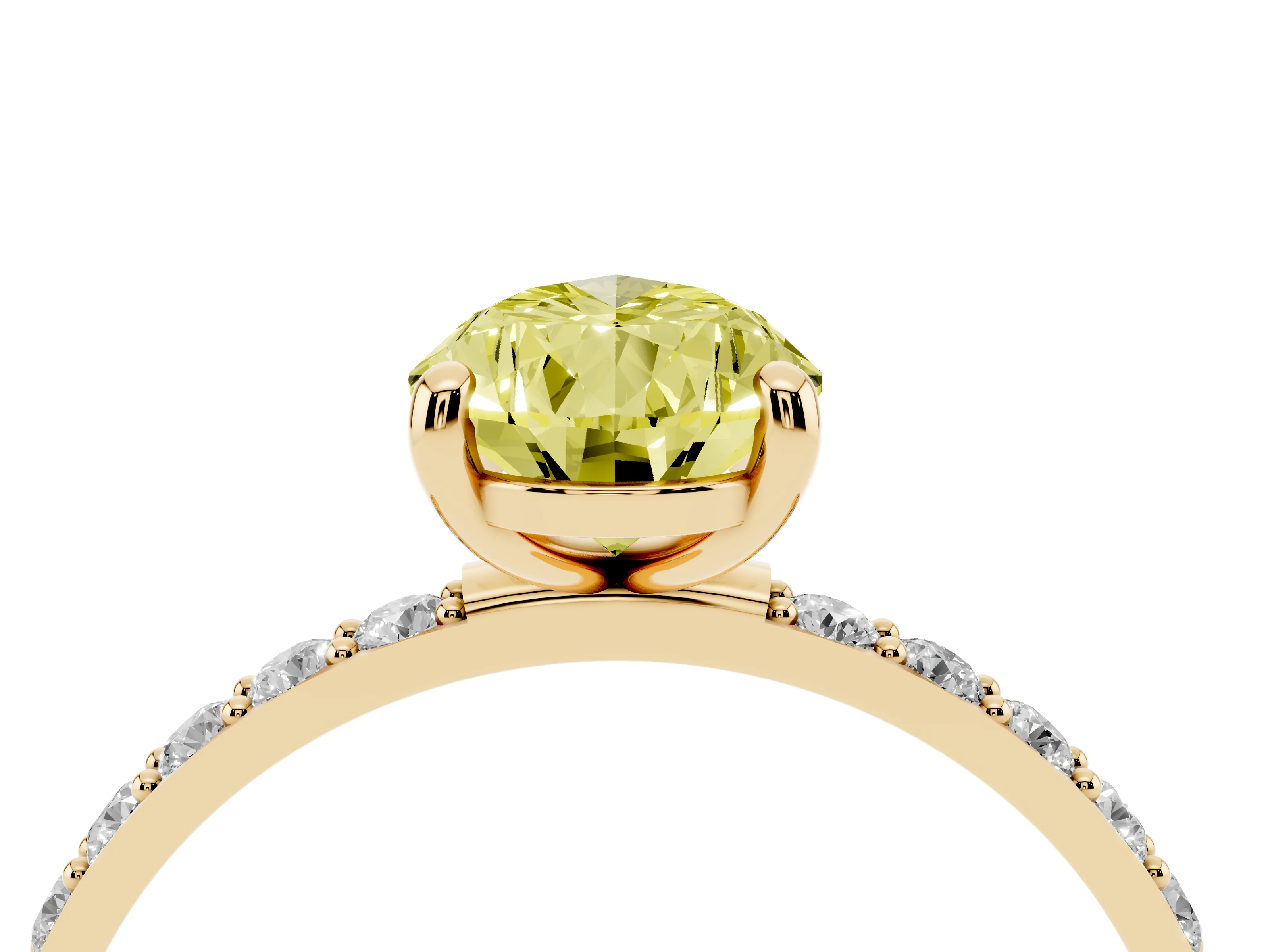 Fancy Yellow Pear Cut Diamond Solitaire Ring Set in Yellow gold with Round Pavé Band and Prong Setting
