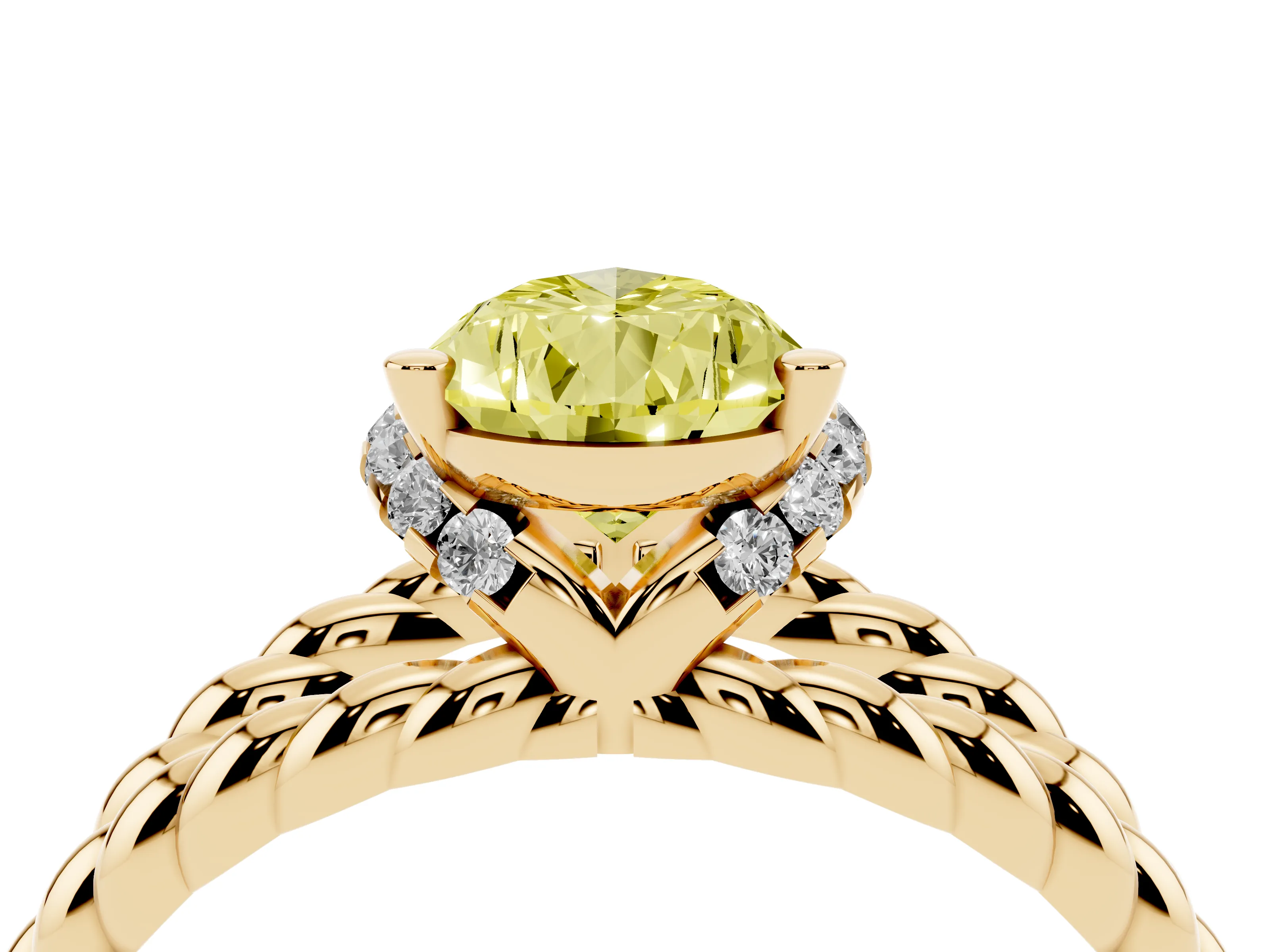 Fancy Yellow Pear Cut Diamond Halo Ring Set in Yellow gold with Twisted Band and Prong Setting
