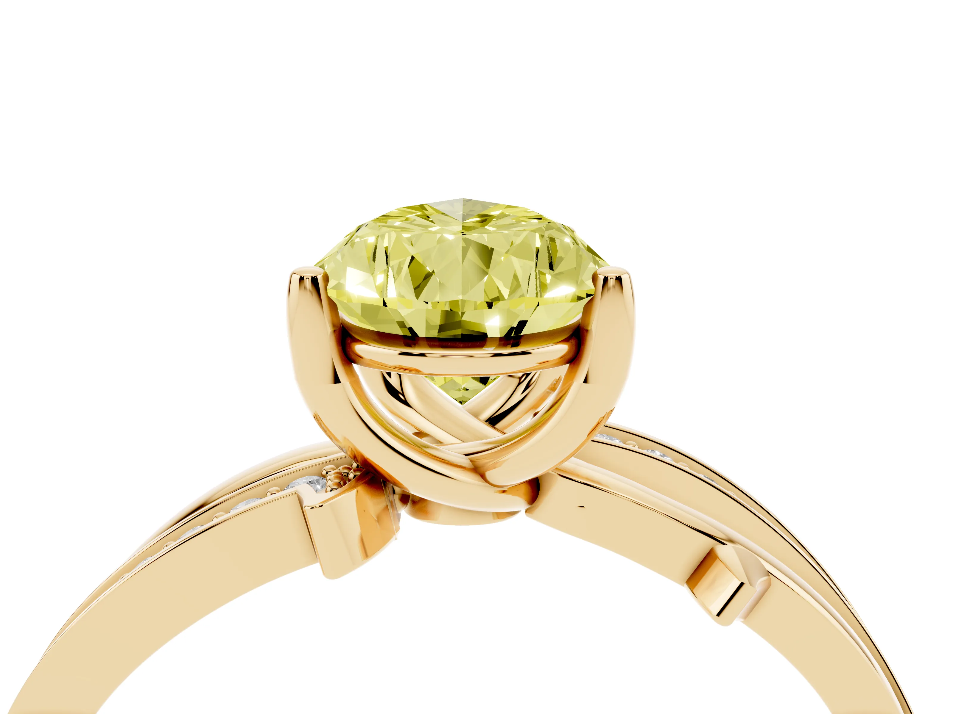 Fancy Yellow Pear Cut Diamond Pavé Twist Band Solitaire Ring Set in Yellow gold with Prong Setting