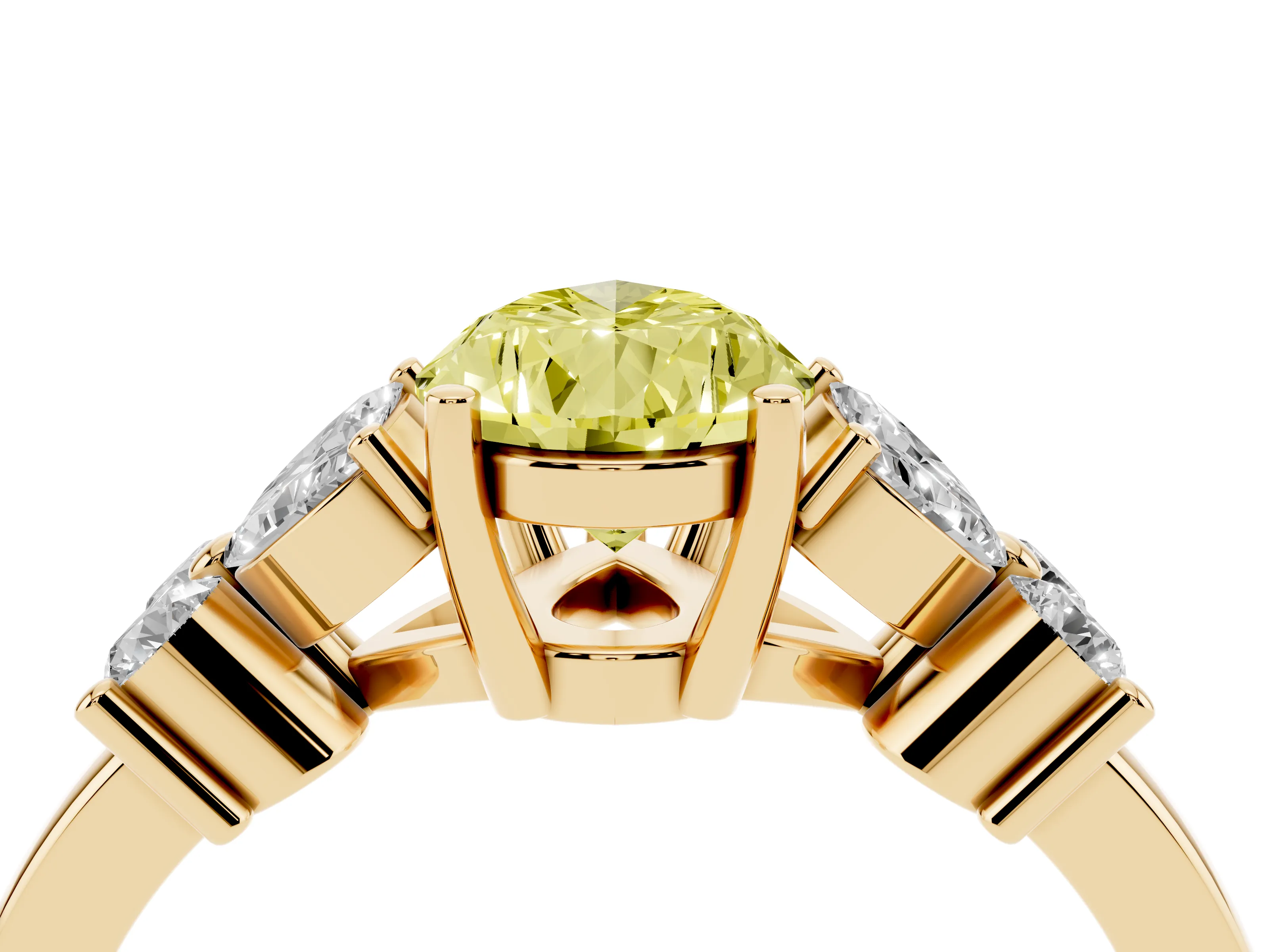 Fancy Yellow Pear Cut Diamond Floral Cluster Ring Set in Yellow gold with Marquise Petals and Prong Setting
