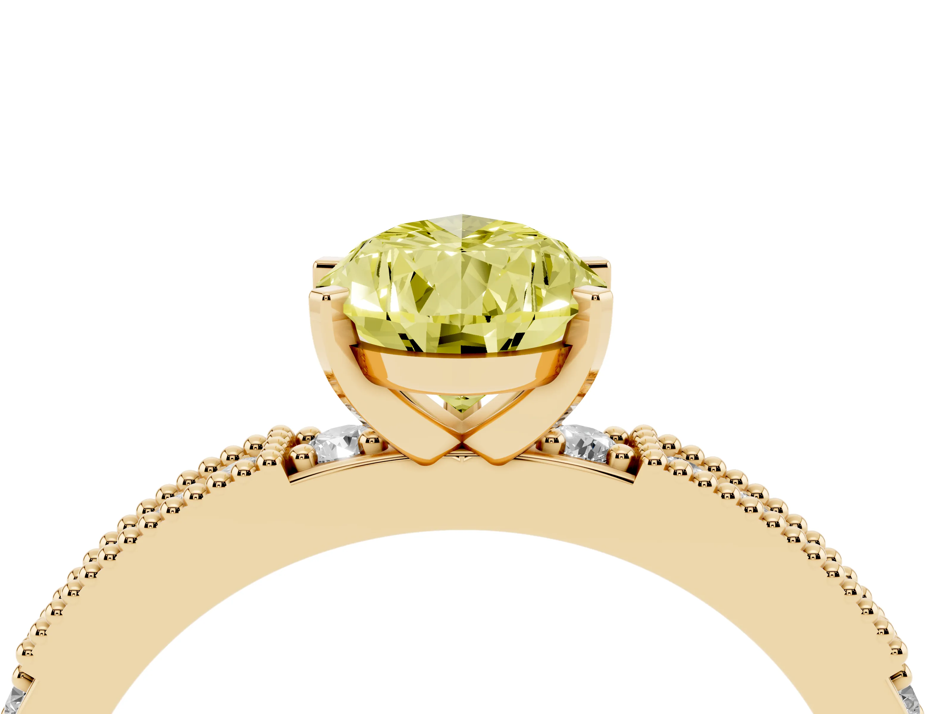 Fancy Yellow Pear Cut Diamond Solitaire Ring Set in Yellow gold with Slim Pavé Band and Prong Setting
