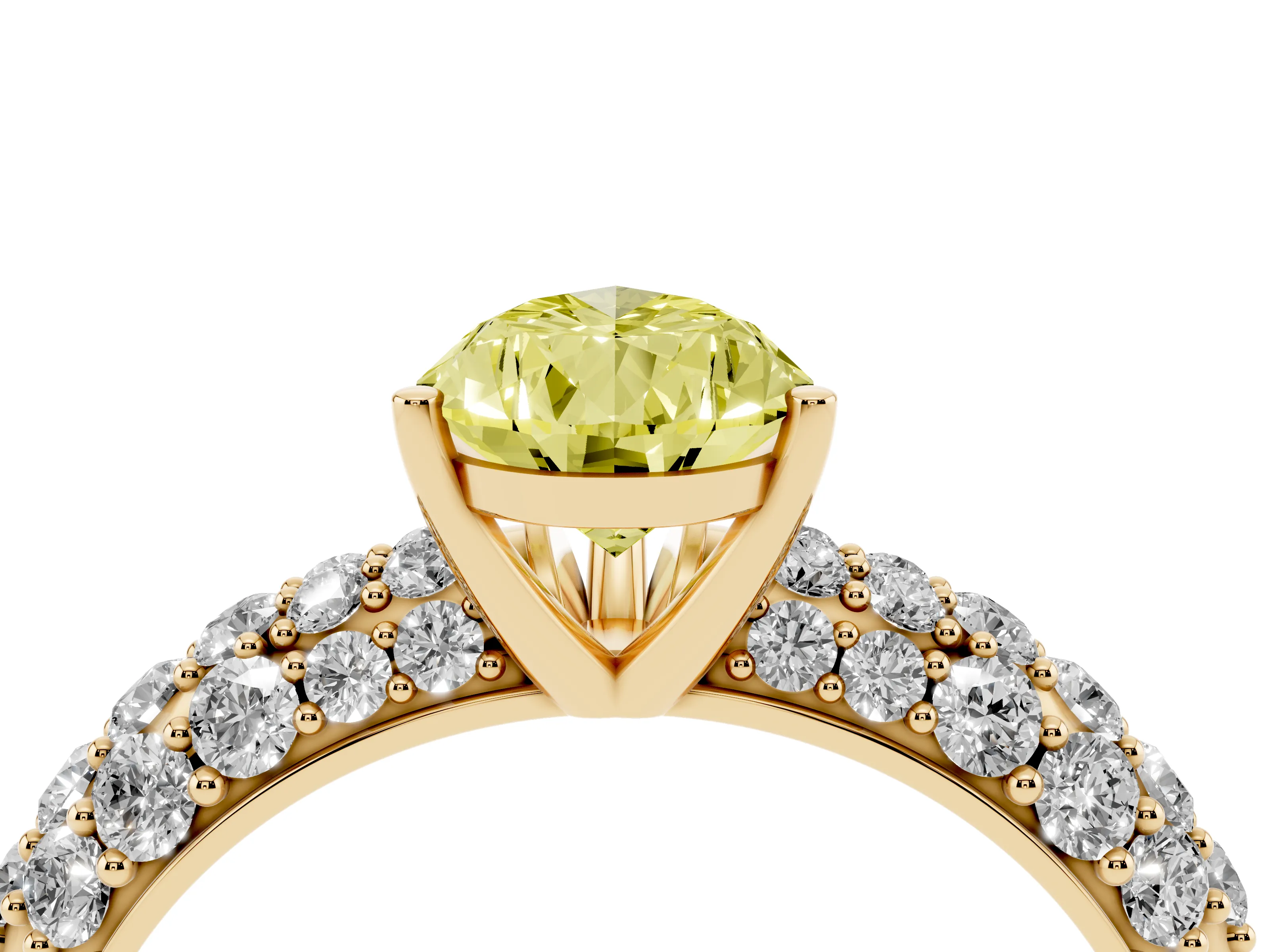Fancy Yellow Pear Cut Diamond Pavé Band Solitaire Ring Set in Yellow gold with Close-Set Accent Stones and Prong Setting