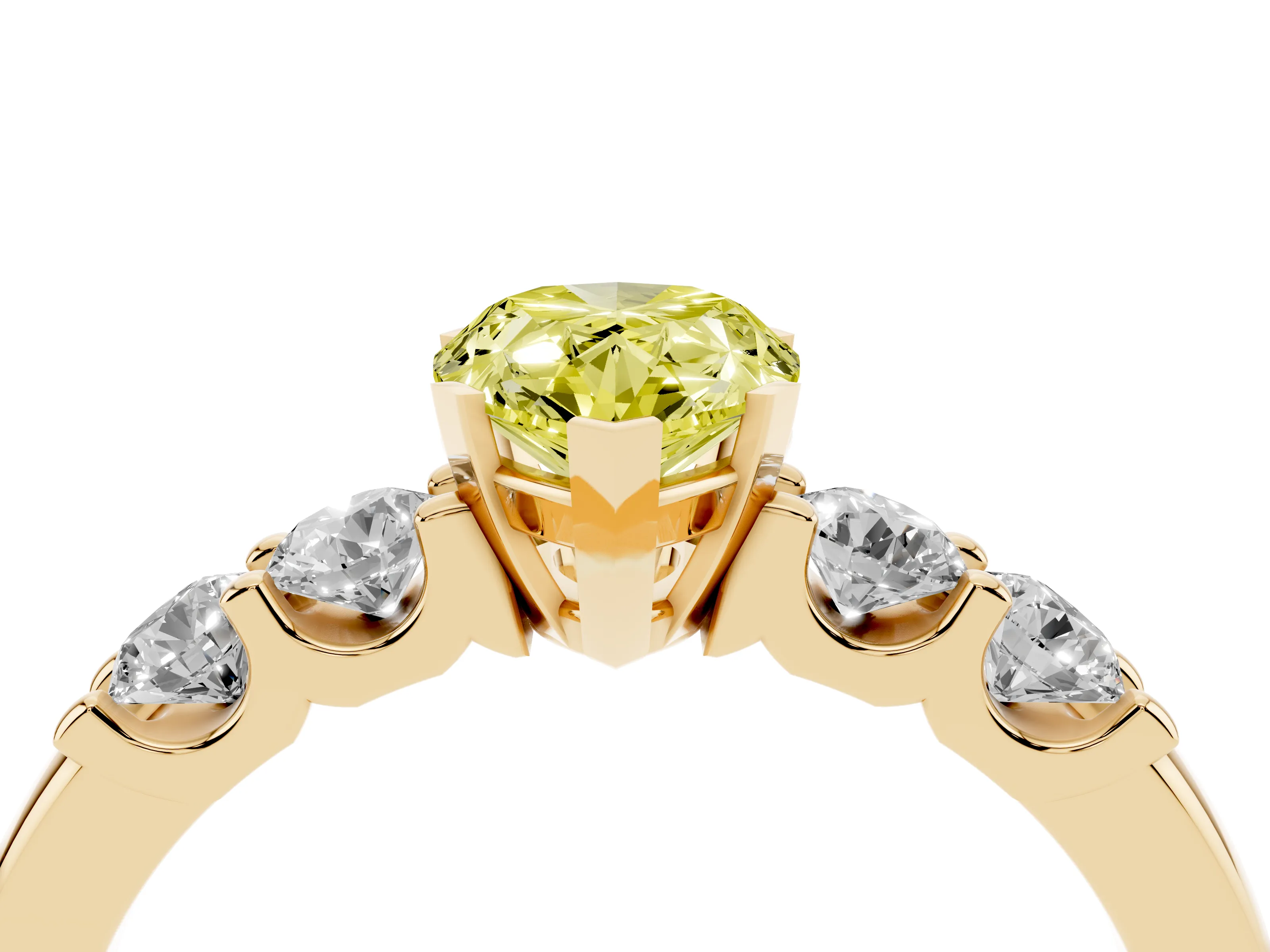 Fancy Yellow Pear Cut Diamond Five-Stone Prong Set Engagement Ring Set in Yellow gold with Channel Band