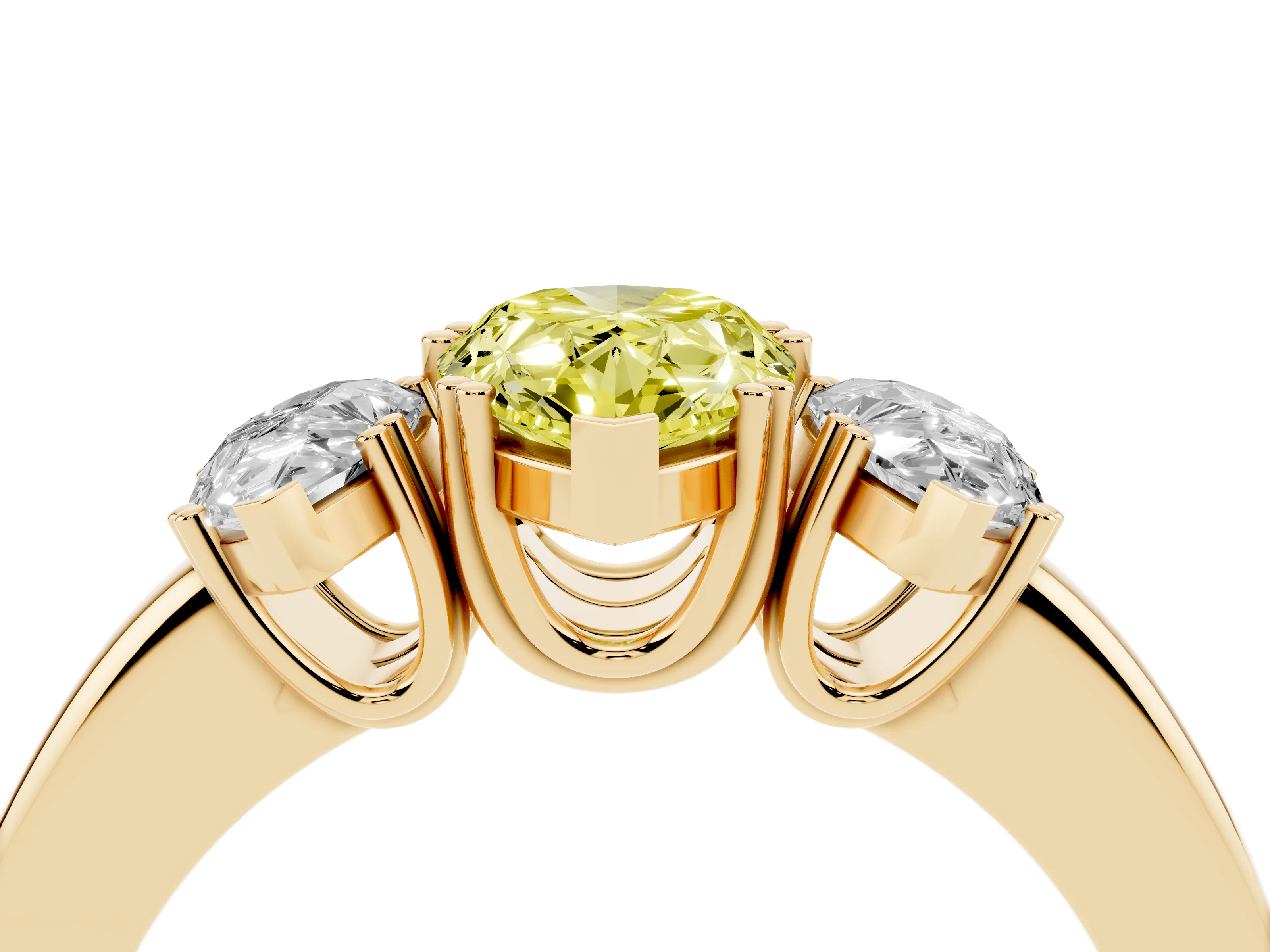 Fancy Yellow Pear Cut Diamond Three-Stone Ring Set in Yellow gold with Polished Channel-Set Band