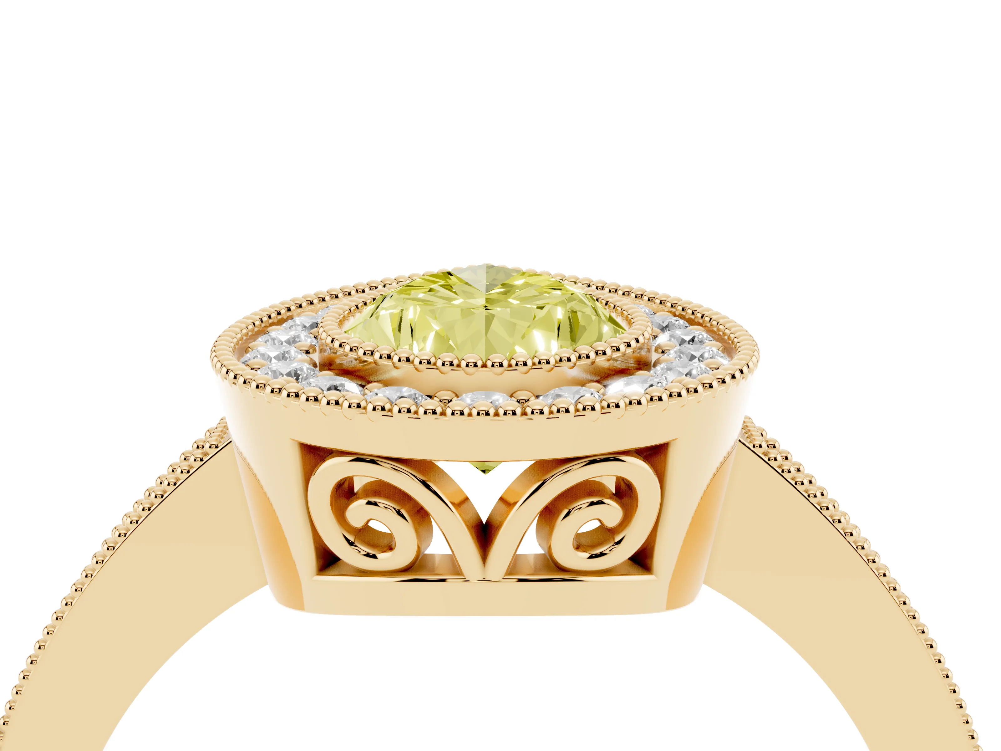 Fancy Yellow Pear Cut Diamond Halo Ring Set in Yellow gold with Pavé Band and Milgrain-Edged Prongs