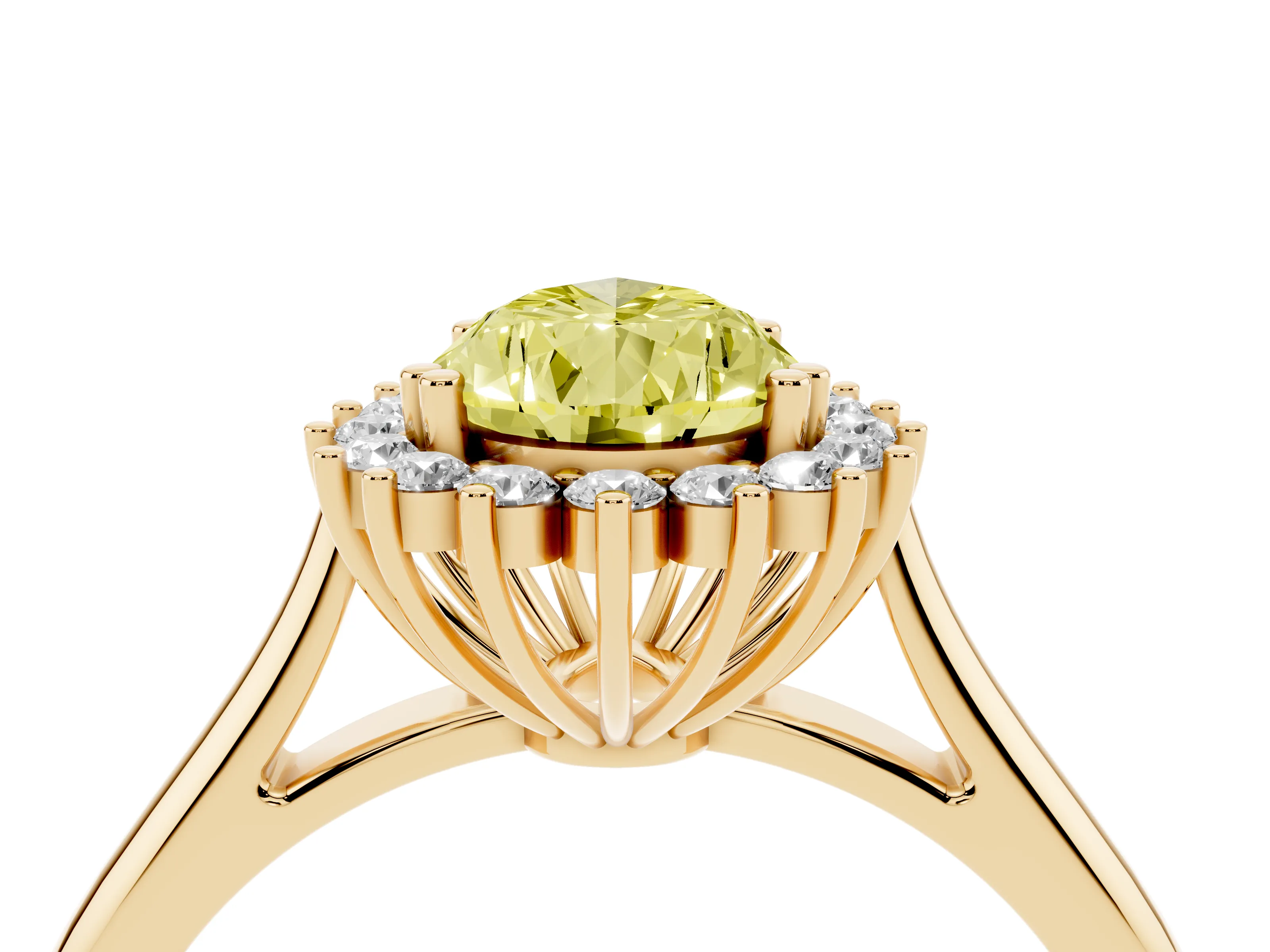 Fancy Yellow Pear Cut Diamond Halo Ring Set in Yellow gold with Plain Solitaire Band and Prong Setting