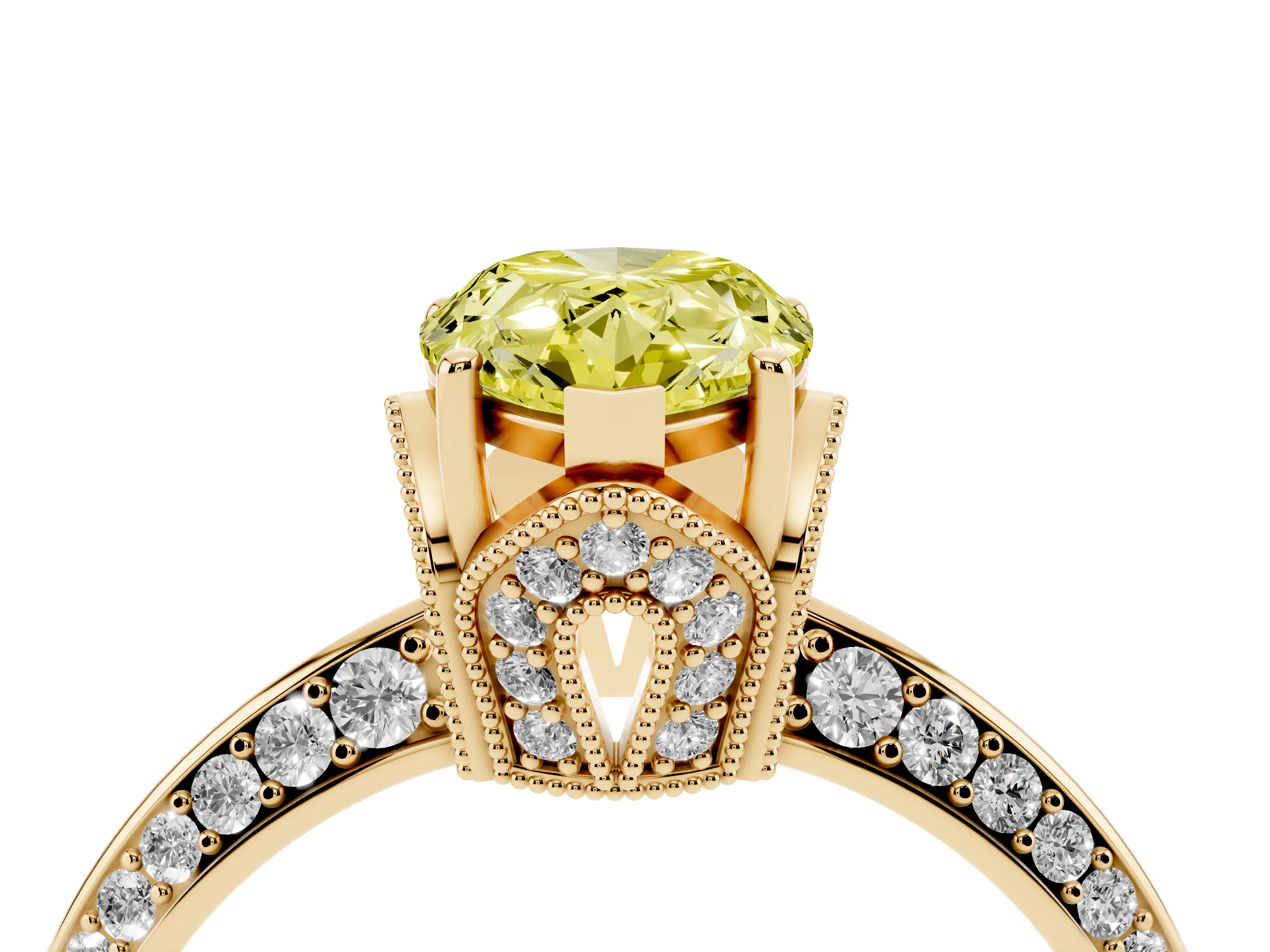Fancy Yellow Pear Cut Diamond Solitaire Engagement Ring Set in Yellow gold with Pavé Split Shank and Prong Setting