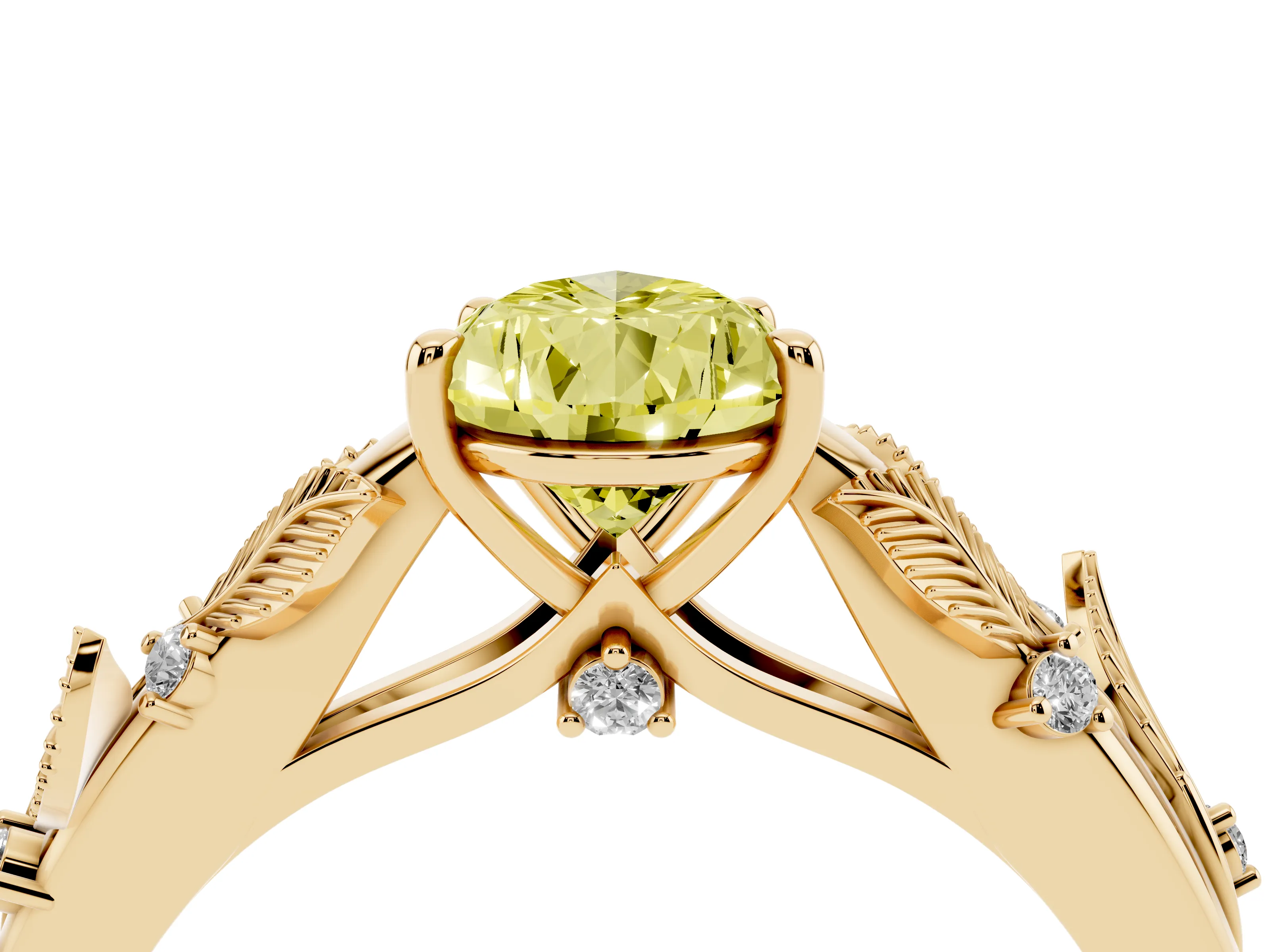 Fancy Yellow Pear Cut Diamond Solitaire Ring Set in Yellow gold with Leaf Motif Band
