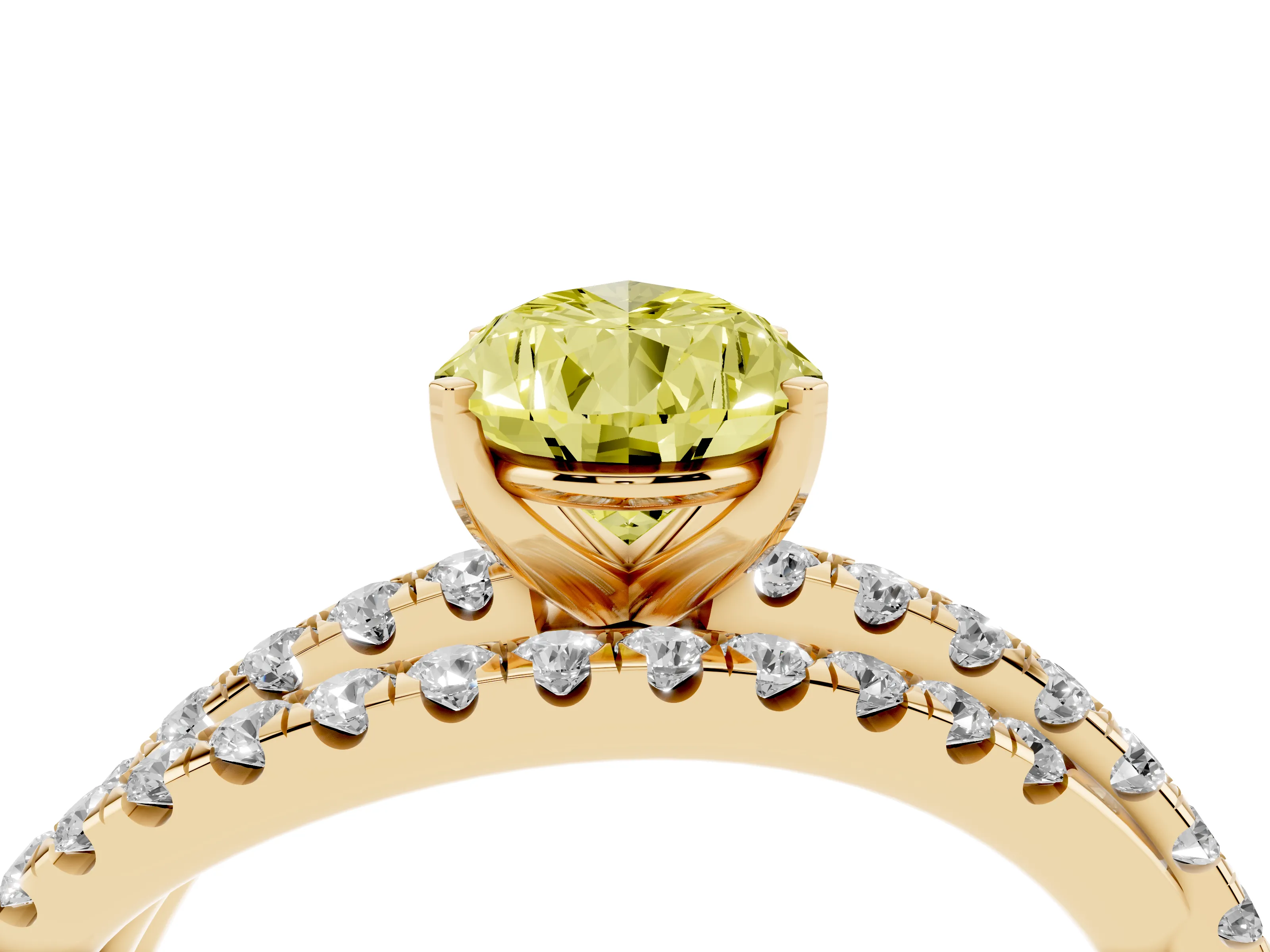 Fancy Yellow Pear Cut Diamond Solitaire Twist Band Ring Set in Yellow gold with Pavé Setting and Prong Head