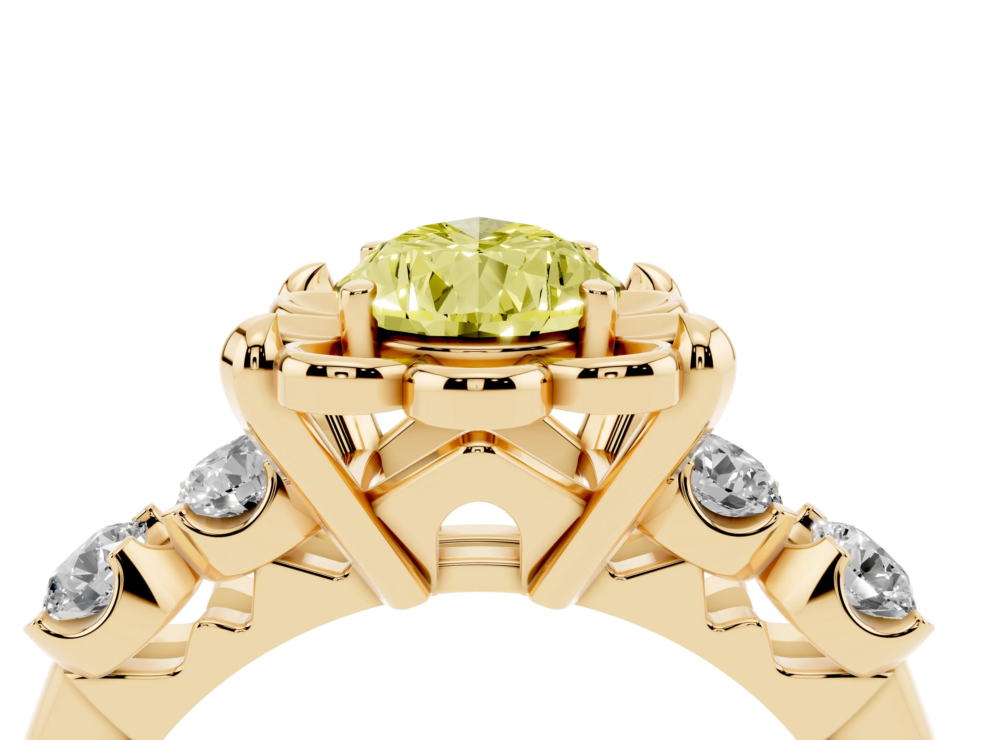 Fancy Yellow Pear Cut Diamond Floral Halo Ring Set in Yellow gold with Shared Prong Band