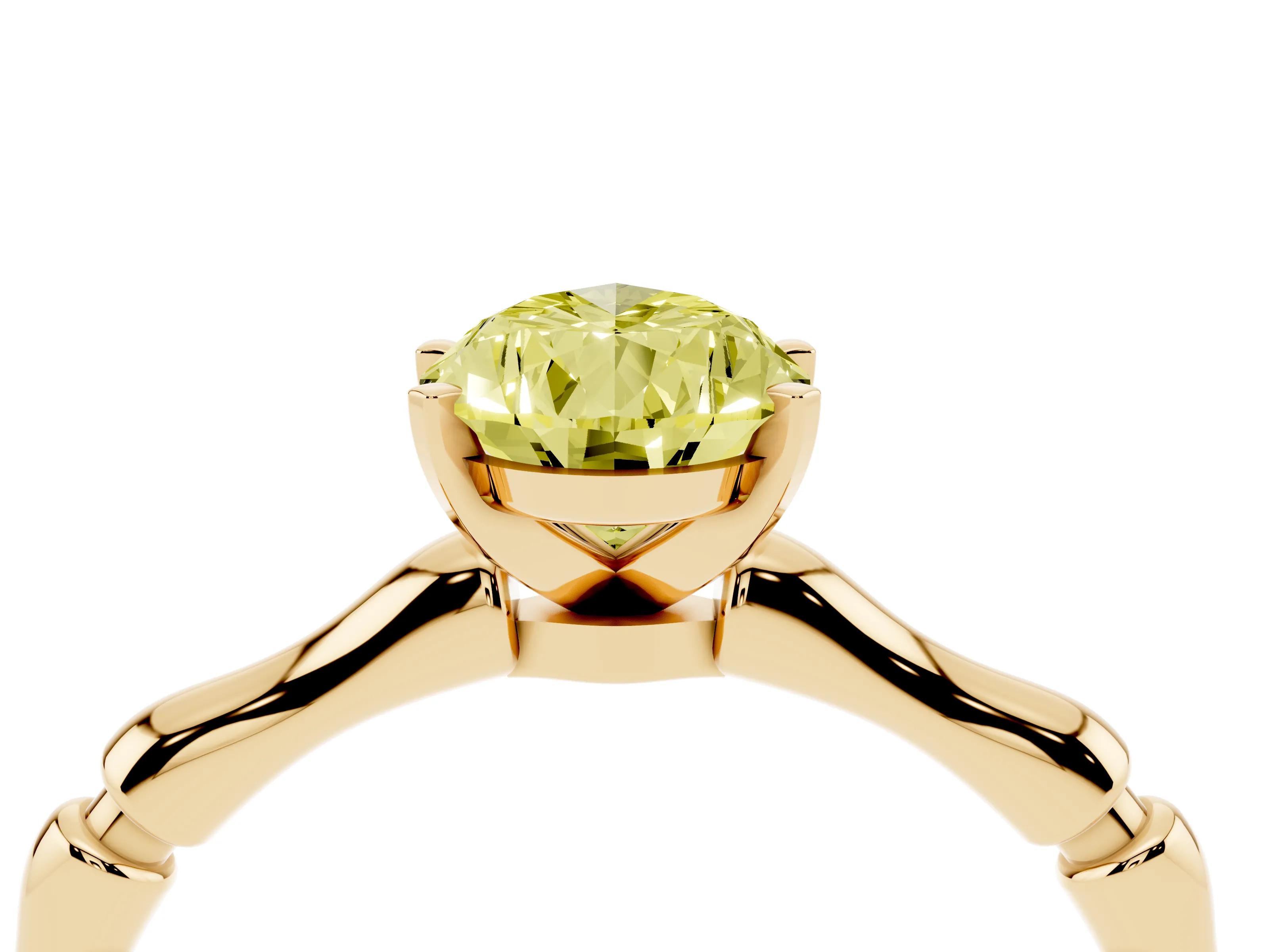 Fancy Yellow Pear Cut Diamond Solitaire Ring Set in Yellow gold with Bamboo Band and Prong Setting