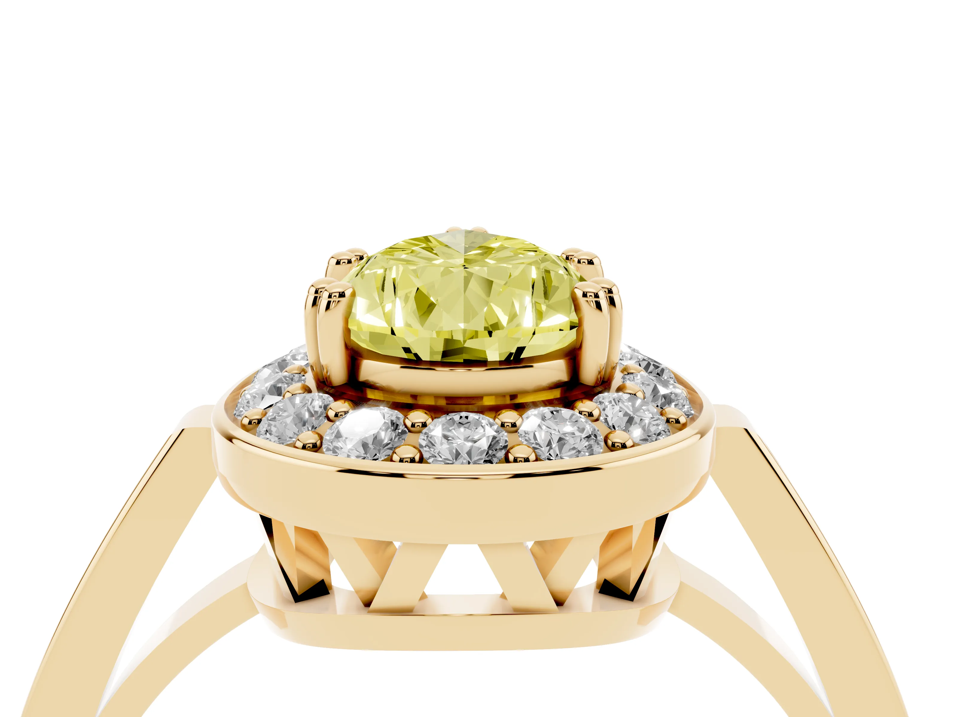 Fancy Yellow Pear Cut Diamond Halo Ring Set in Yellow gold with Accent-Lined Split Shank and Prong Setting