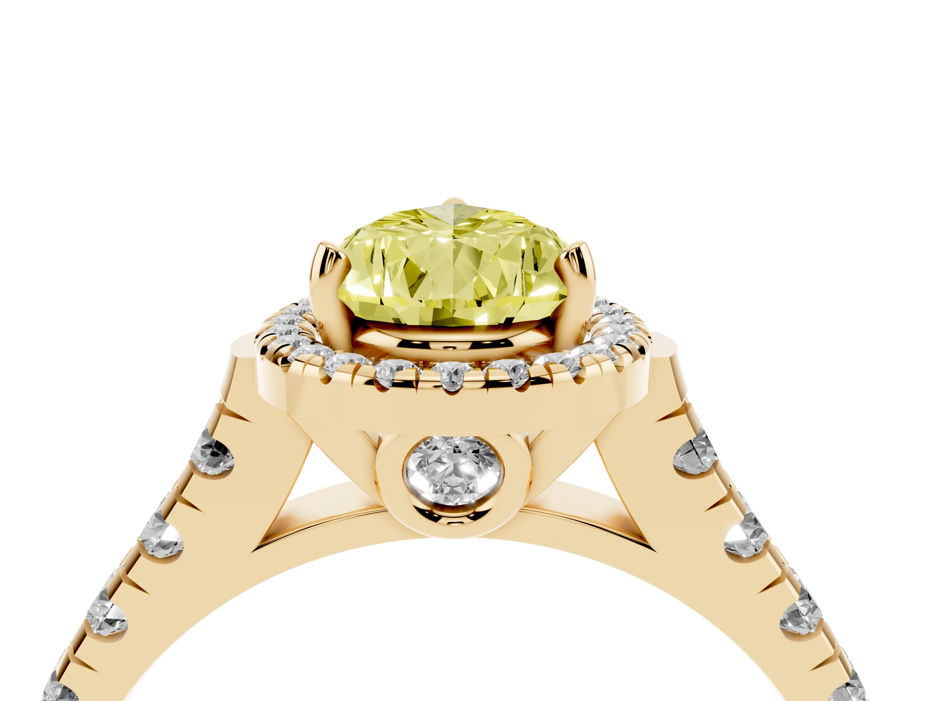 Fancy Yellow Pear Cut Diamond Halo Engagement Ring Set in Yellow gold with Pavé Band and Prong-Set Center
