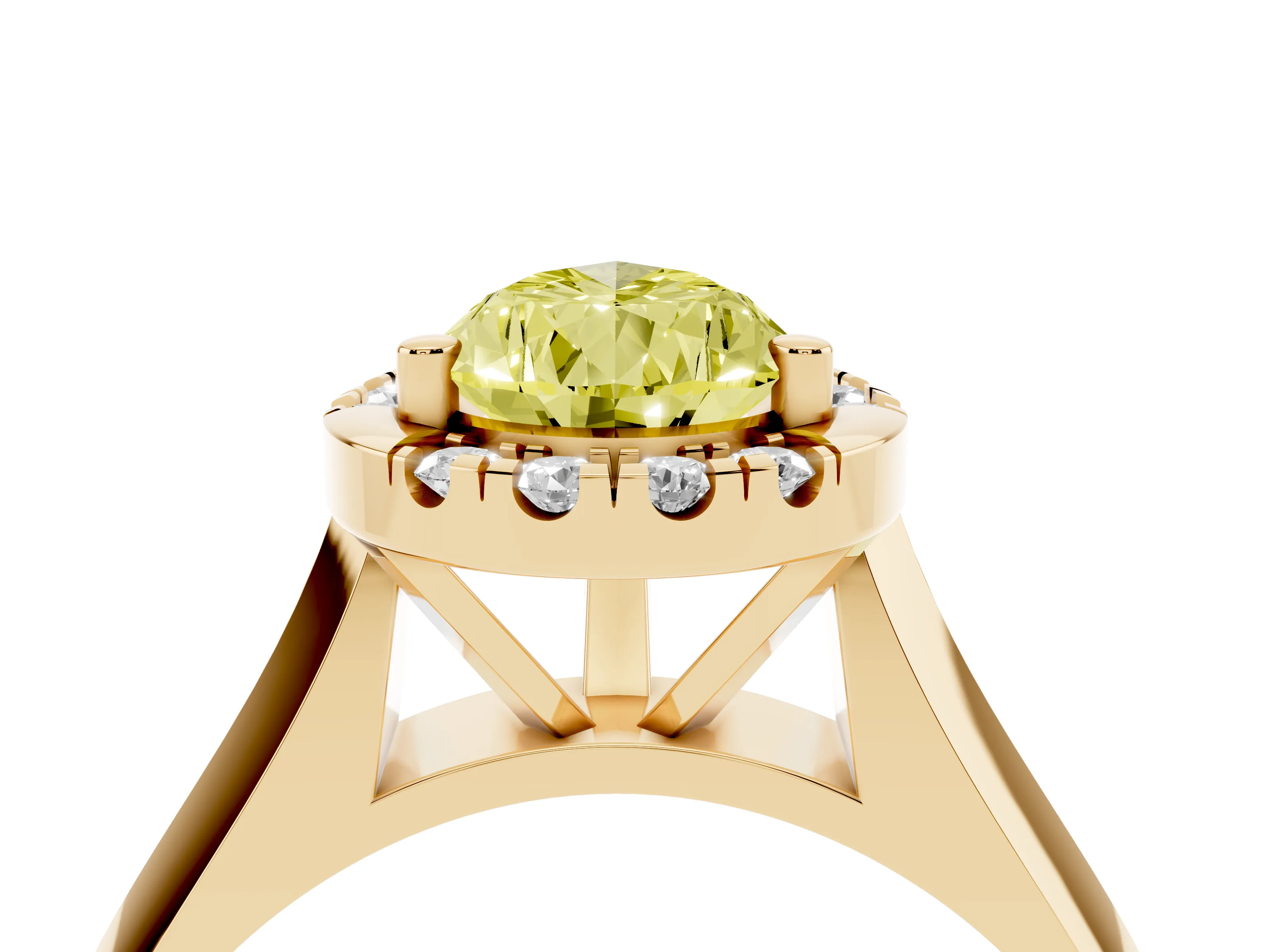 Fancy Yellow Pear Cut Diamond Halo Solitaire Engagement Ring Set in Yellow gold with Square Band and Prong Setting