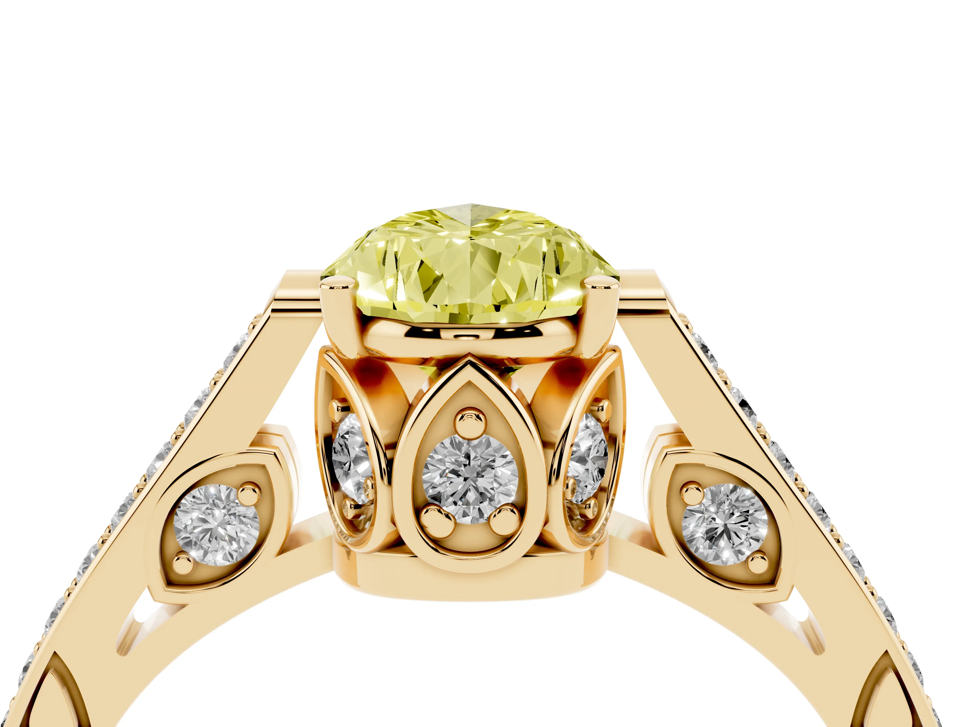 Fancy Yellow Pear Cut Diamond Cathedral Pavé Engagement Ring Set in Yellow gold with Prong Setting