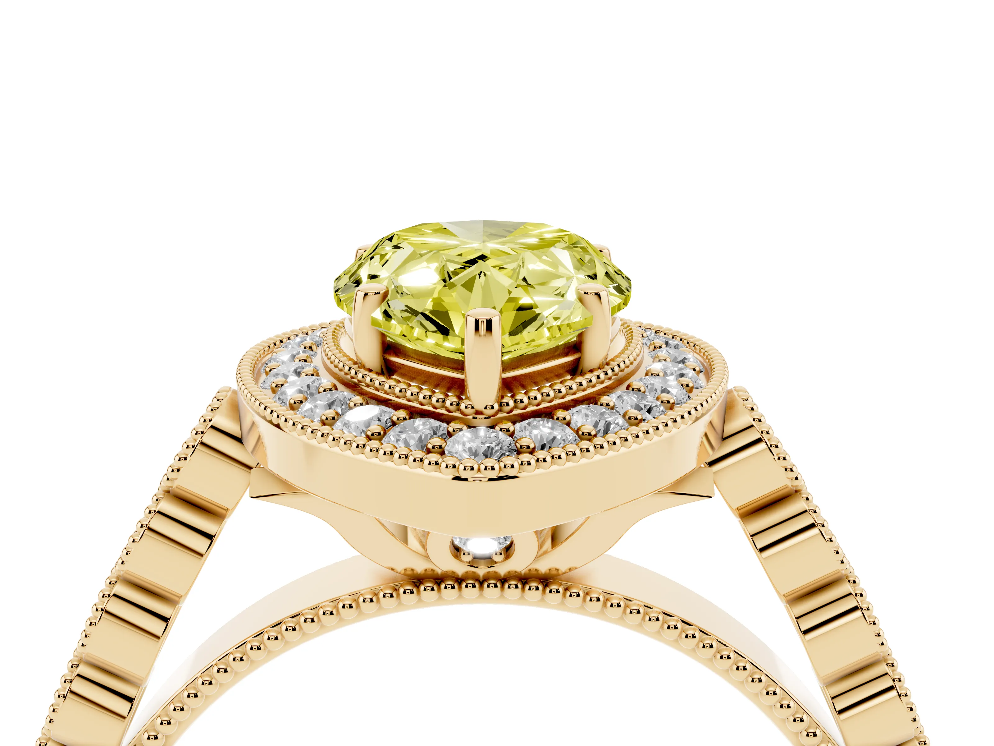 Fancy Yellow Pear Cut Diamond Milgrain Halo Solitaire Ring Set in Yellow gold with Bezel Set Side Stones and Pavé Band