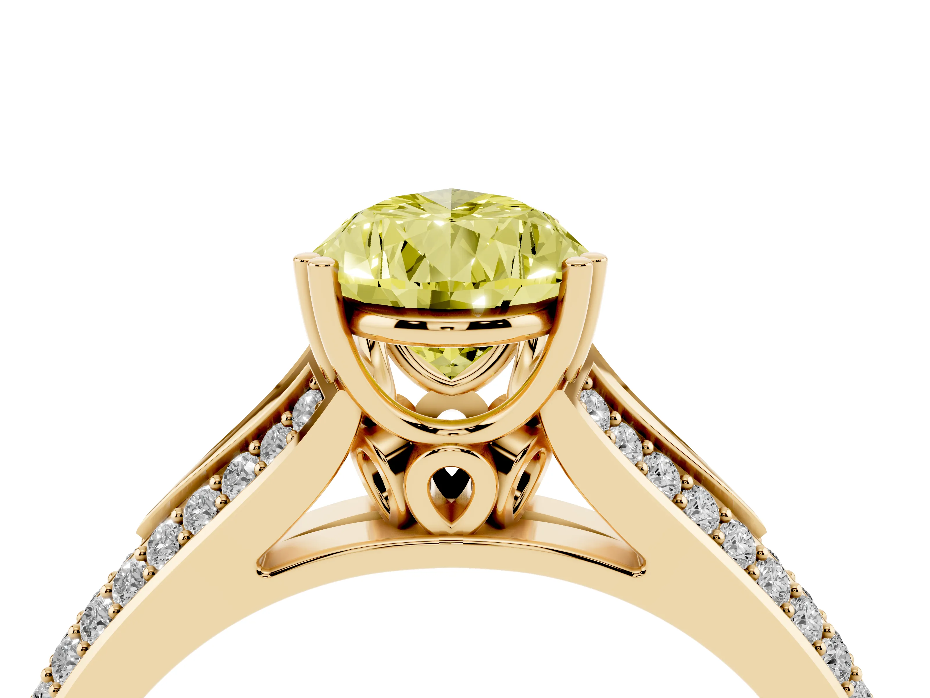 Fancy Yellow Pear Cut Diamond Split Shank Pavé Engagement Ring Set in Yellow gold with Prong-Set Center Stone