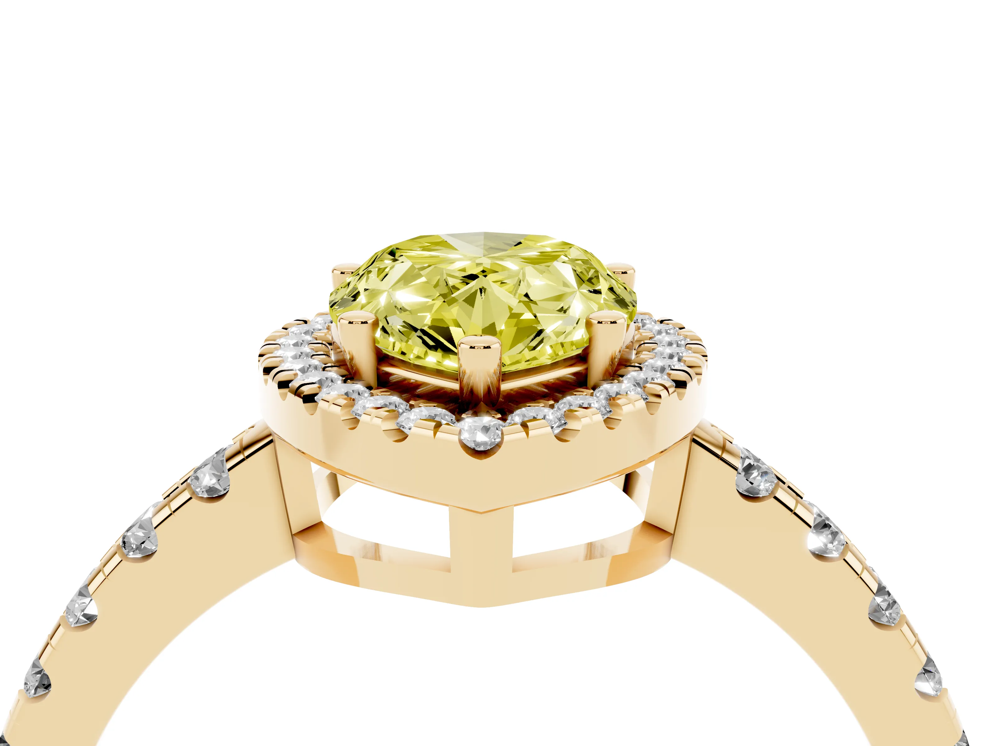 Fancy Yellow Pear Cut Diamond Halo Ring Set in Yellow gold with Delicate Pavé Band and Prong Setting