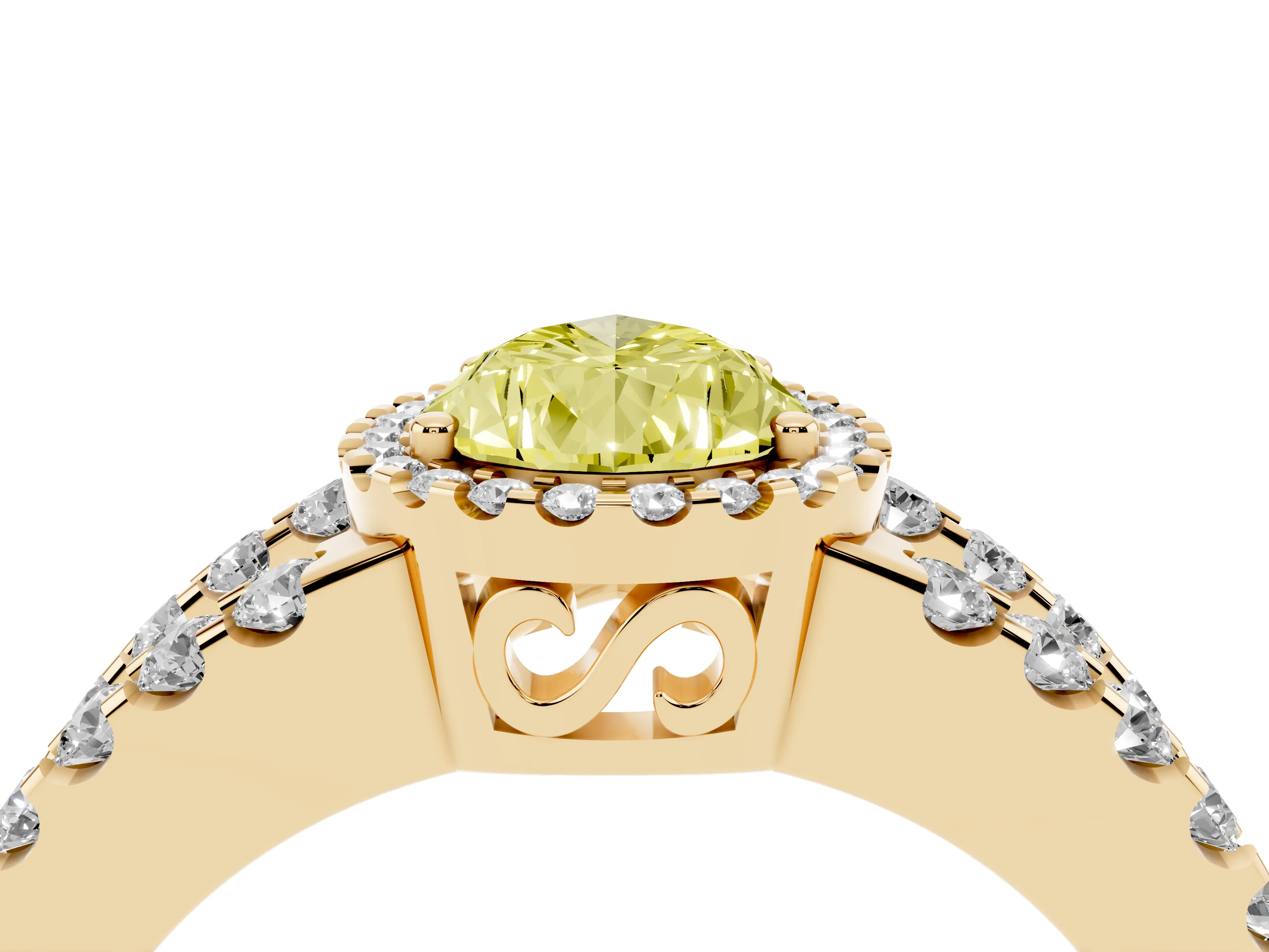 Fancy Yellow Pear Cut Diamond Halo Ring Set in Yellow gold with Pavé Split Shank and Prong Setting