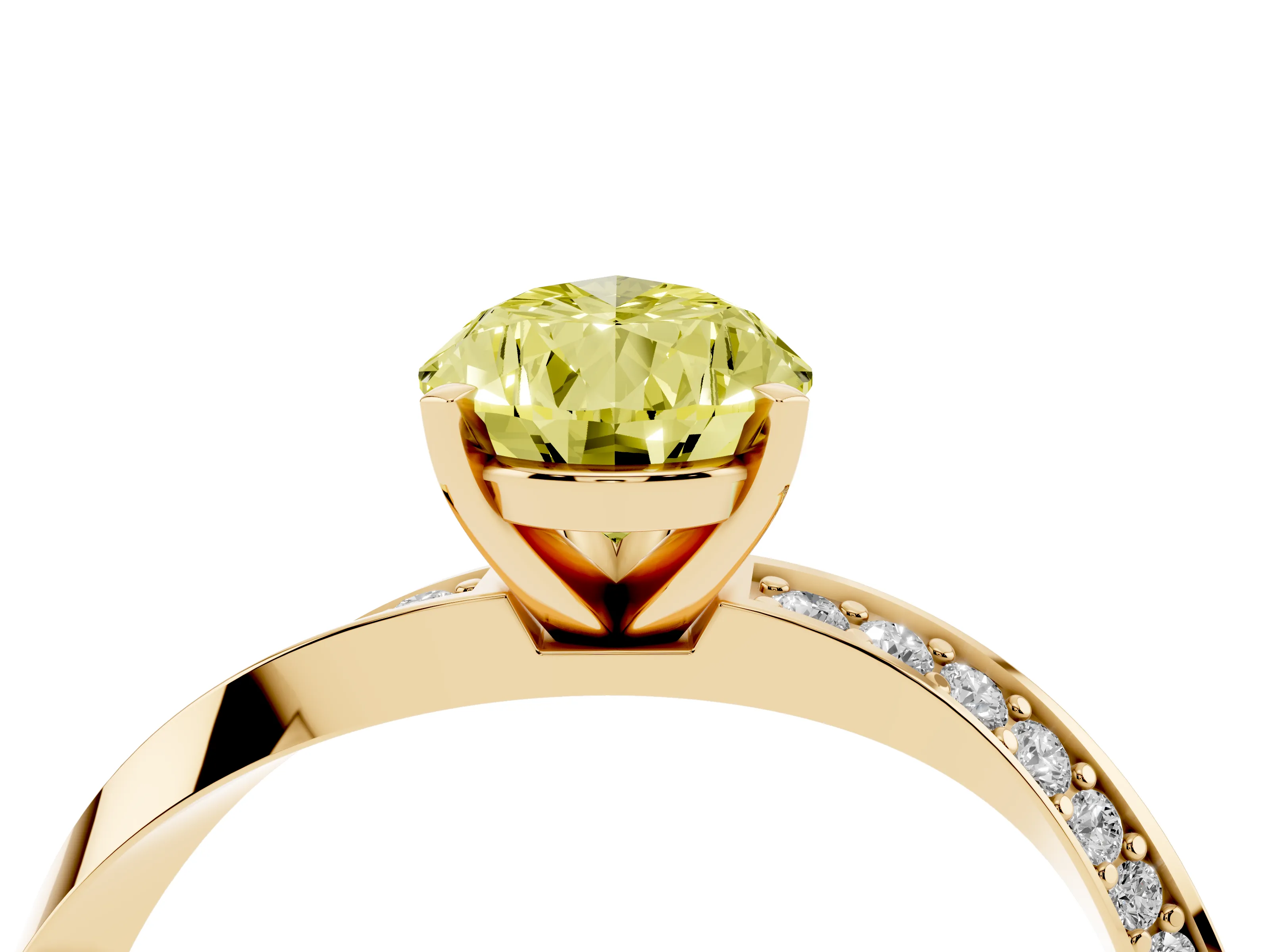 Fancy Yellow Pear Cut Diamond Engagement Ring Set in Yellow gold with Side Stone Accents and Prong Setting