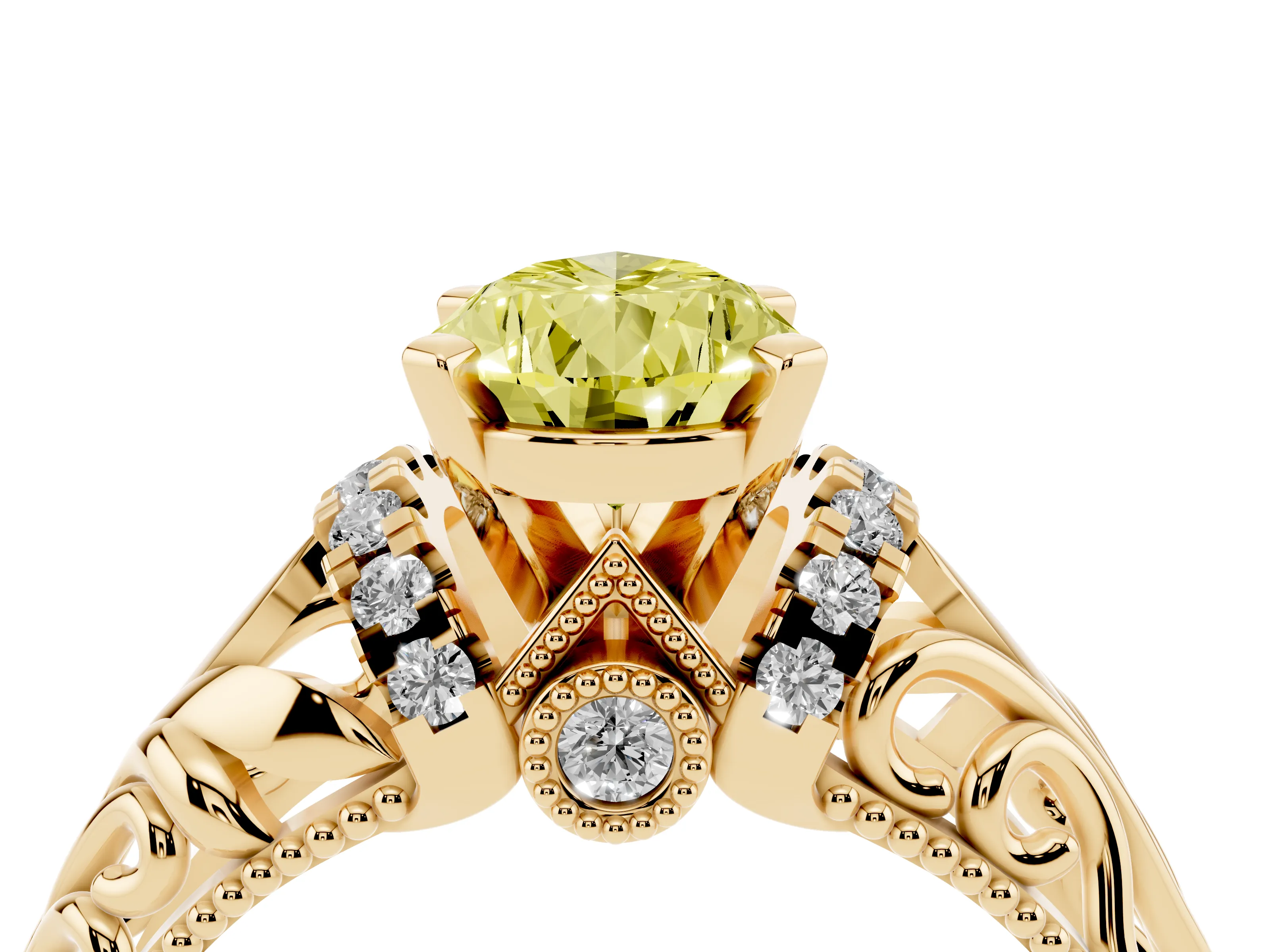 Fancy Yellow Pear Cut Diamond Filigree Halo Engagement Ring Set in Yellow gold with Prong Setting