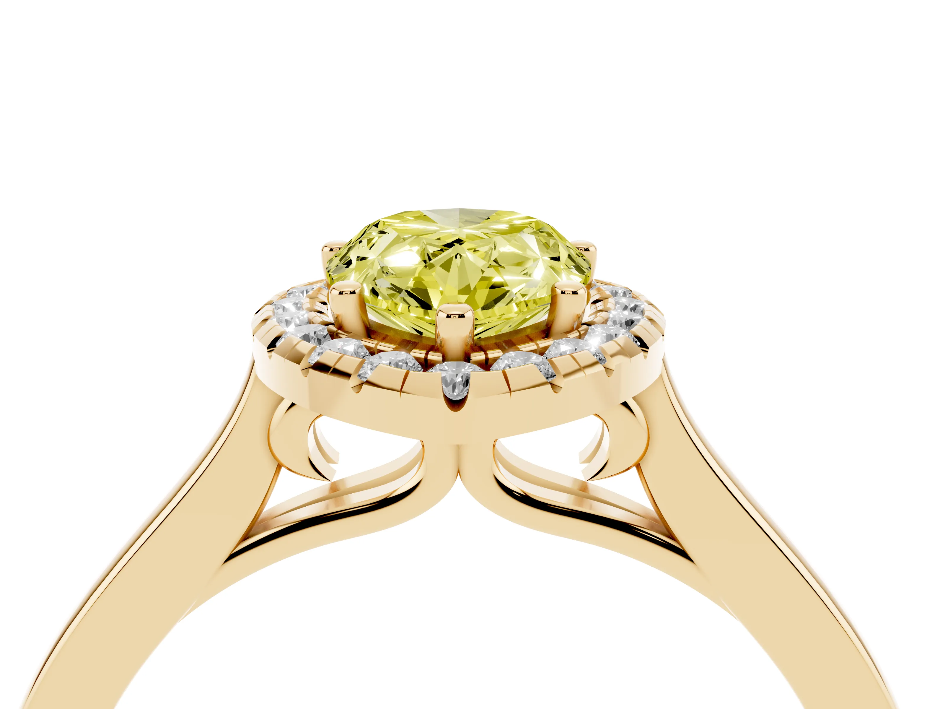 Fancy Yellow Pear Cut Halo Round Diamond Solitaire Ring Set in Yellow gold with Pavé Band and Prong Setting