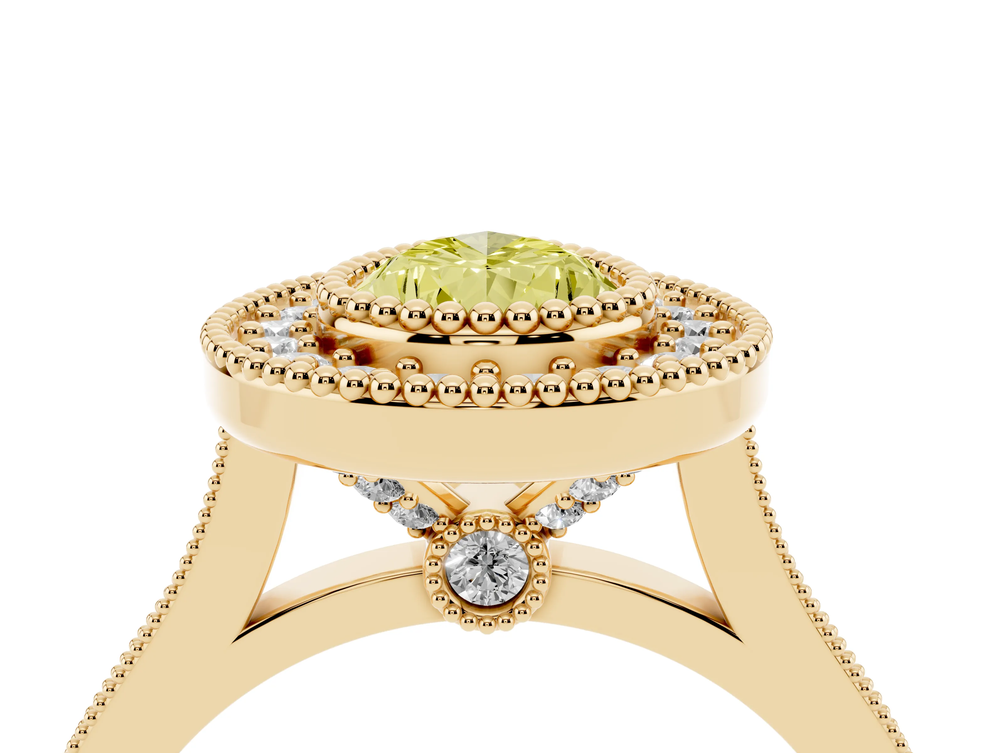 Fancy Yellow Pear Cut Diamond Halo Ring Set in Yellow gold with Milgrain Frame and Pavé Band