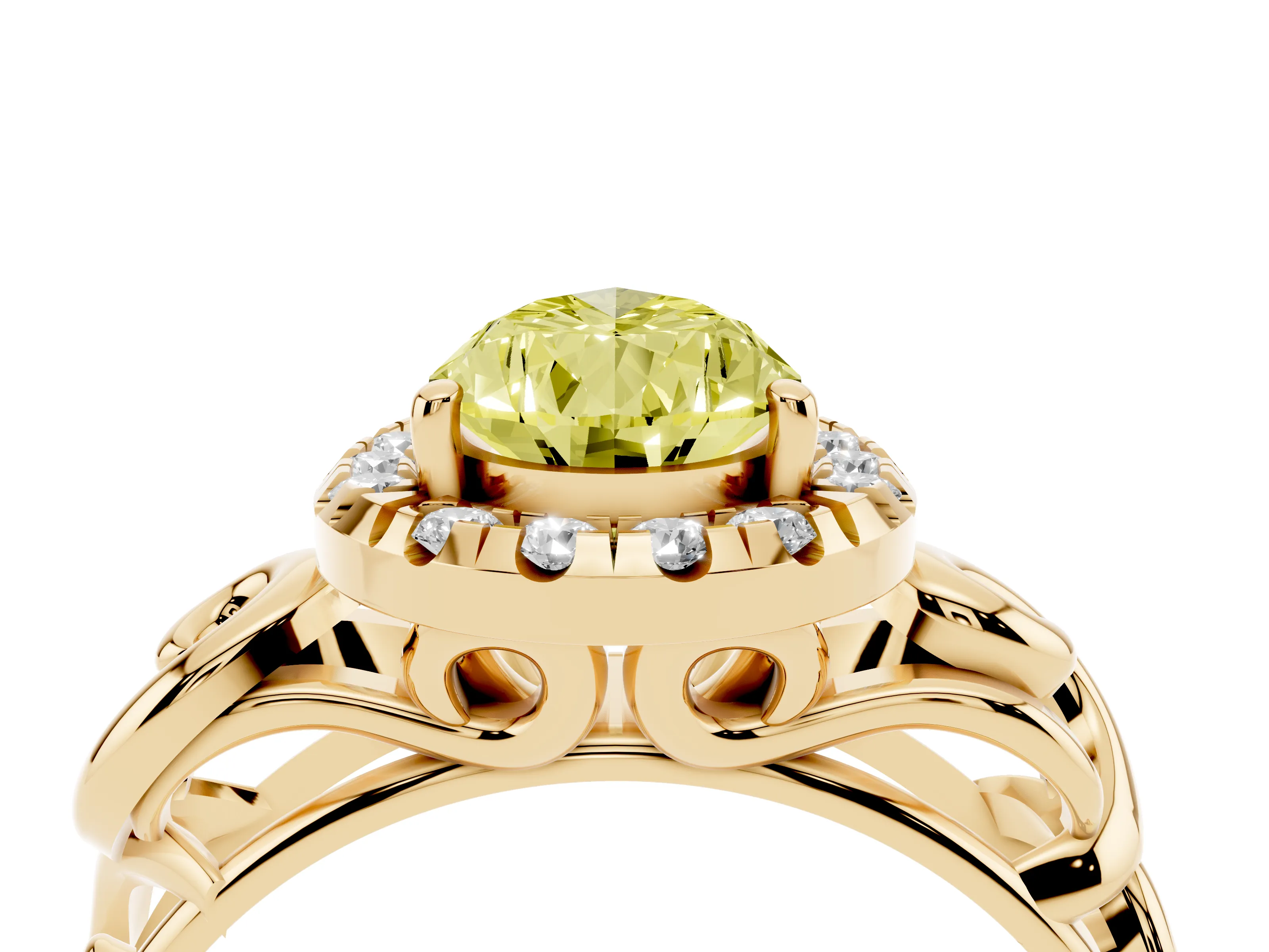 Fancy Yellow Pear Cut Diamond Halo Ring Set in Yellow gold with Scrollwork Band and Prong Setting
