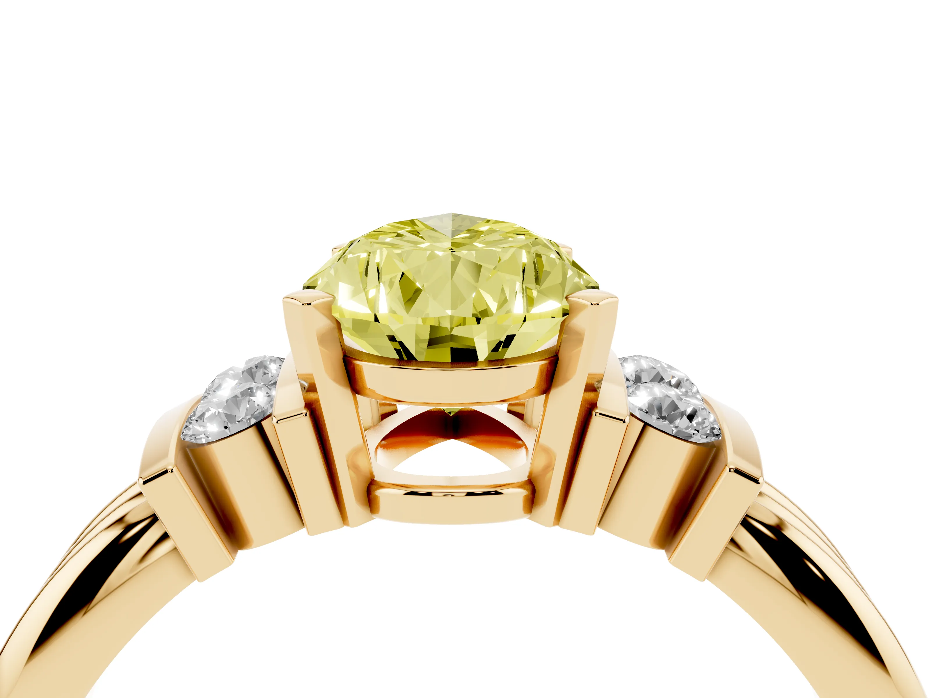 Fancy Yellow Three-Stone Pear Cut Diamond Channel Set Ring Set in Yellow gold with Bar Prongs