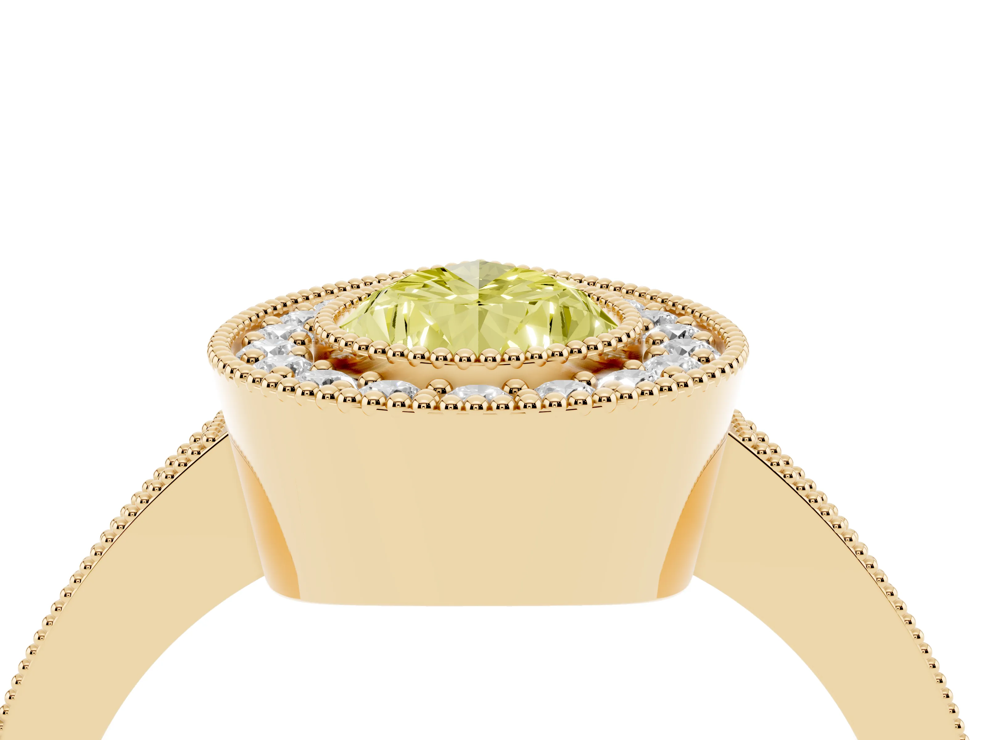 Fancy Yellow Pear Cut Diamond Halo Engagement Ring Set in Yellow gold with Pavé Band and Round Halo Stones