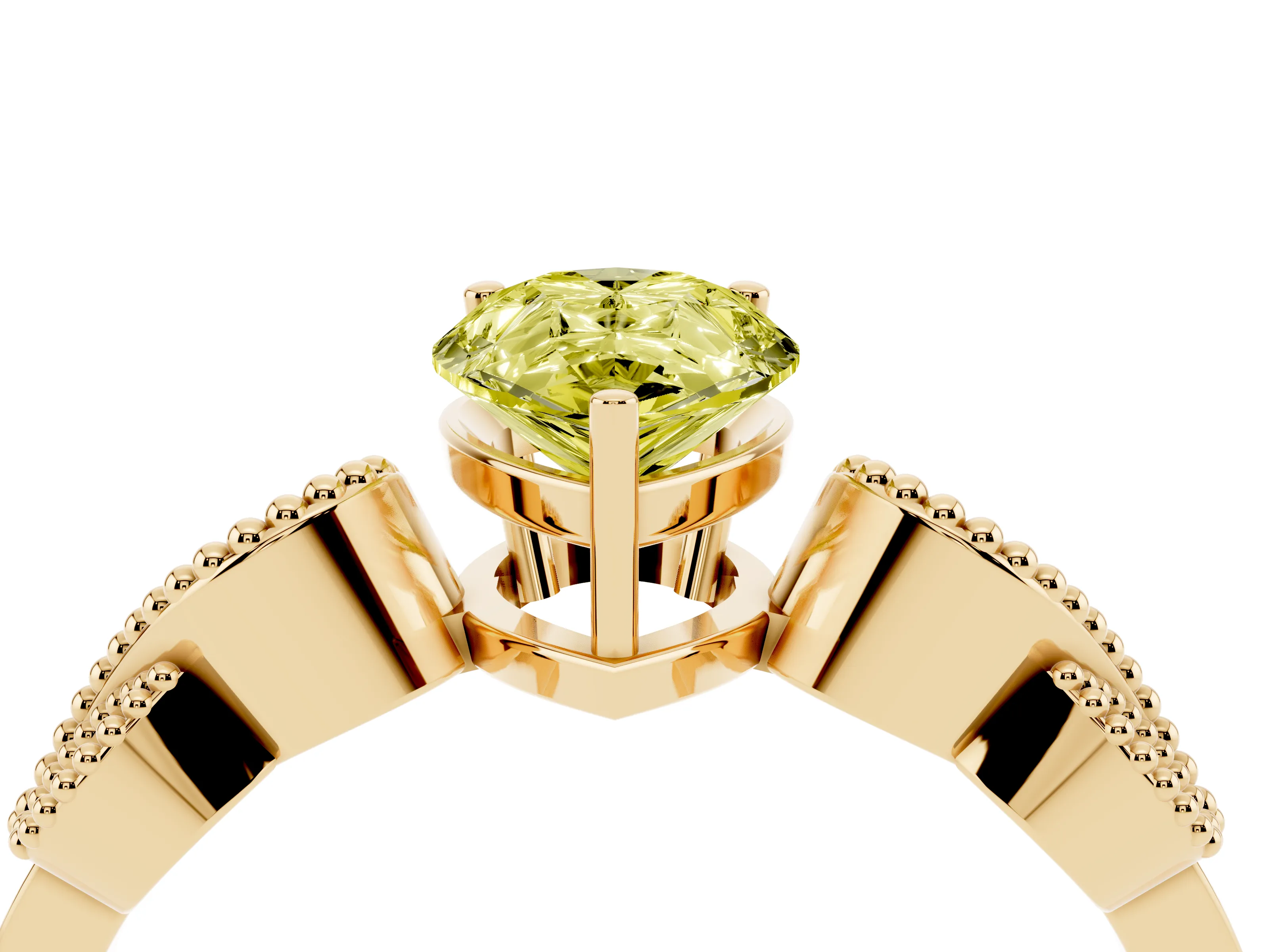 Fancy Yellow Pear Cut Diamond Milgrain Leaf Band Solitaire Ring Set in Yellow gold with Accent Stones and Prong Setting