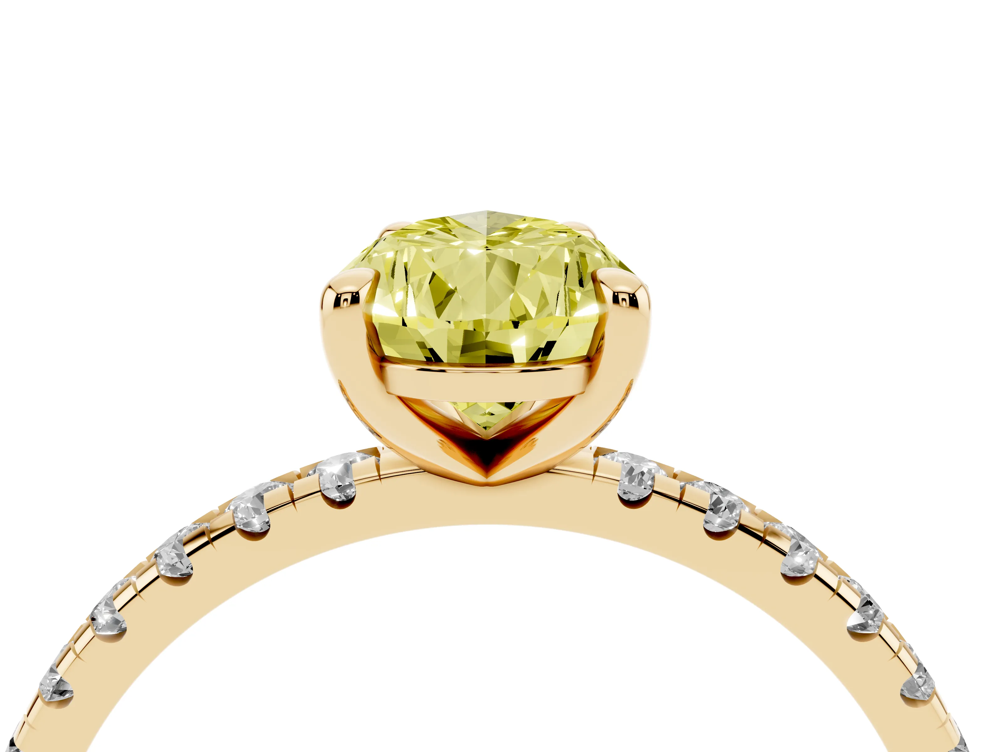 Fancy Yellow Pear Cut Diamond Brilliant Solitaire Ring Set in Yellow gold with Pavé Band and Prong Setting