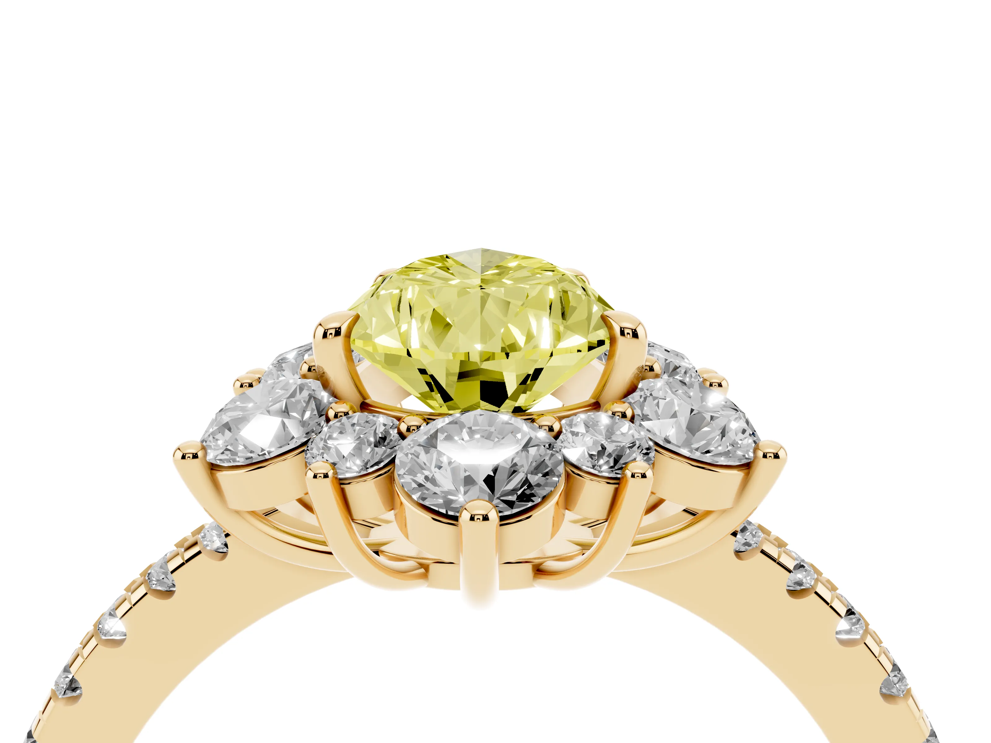 Fancy Yellow Pear Cut Diamond Floral Halo Ring Set in Yellow gold with Round Pavé Band and Prong Setting