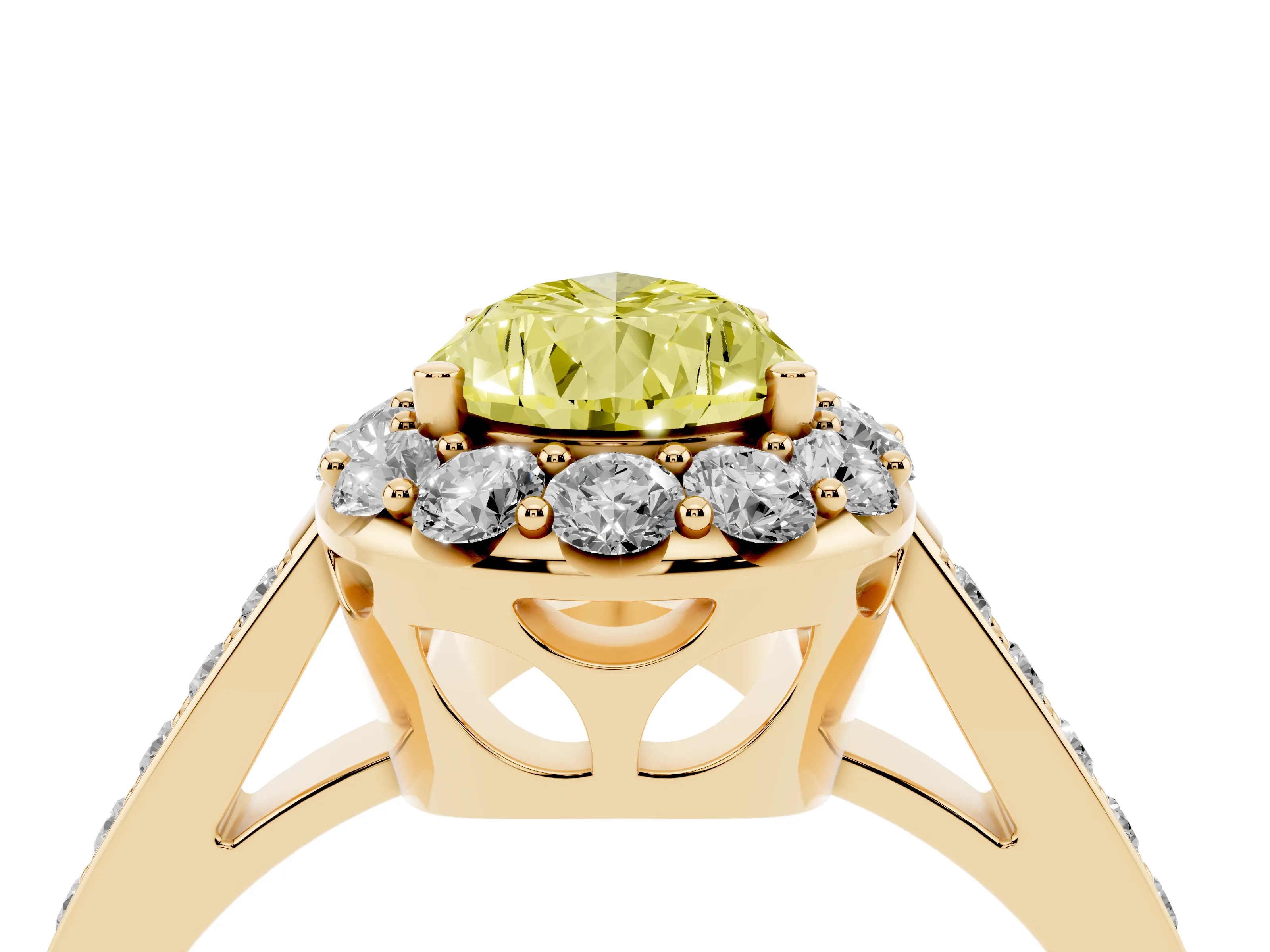 Fancy Yellow Pear Cut Diamond Floral Halo Ring Set in Yellow gold with Pavé Band and Prong Setting